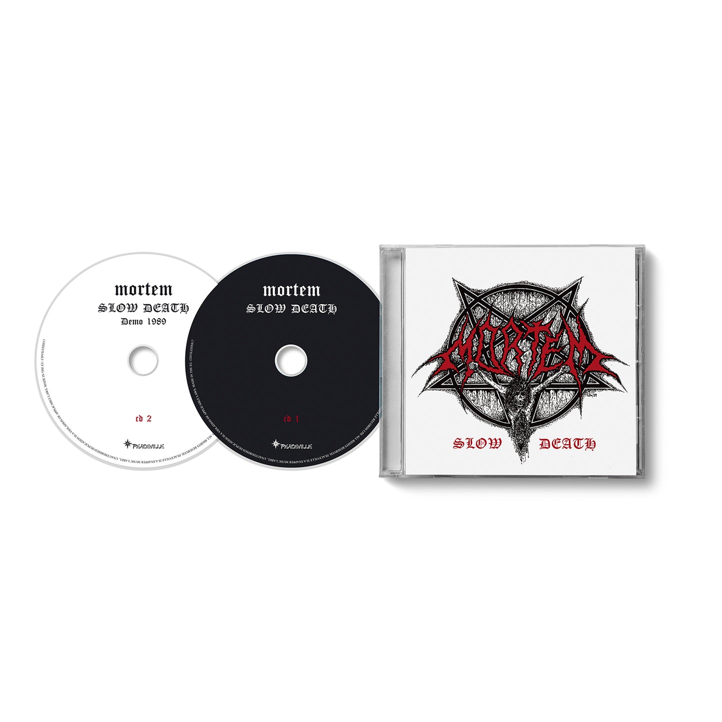 A Mortem CD case with two CDs for Slow Death, a Norwegian black metal classic. The case has a dark, spiked Mortem logo and red text. Includes one white and one black disc, both labeled mortem slow death.