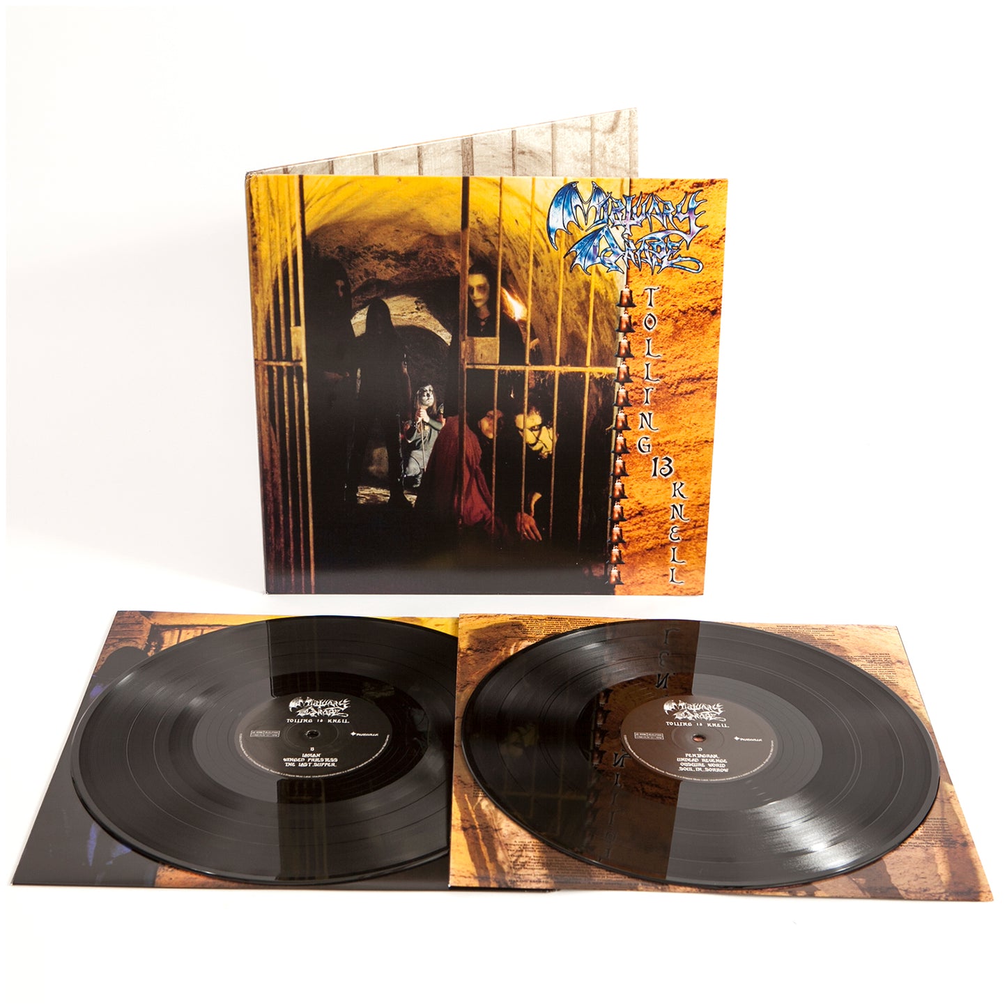 A double gatefold vinyl set is shown with both records out. The cover has a gothic design with people behind bars and the text Mortuary Drape – Tolling 13 Knell, ideal for black occult metal fans.