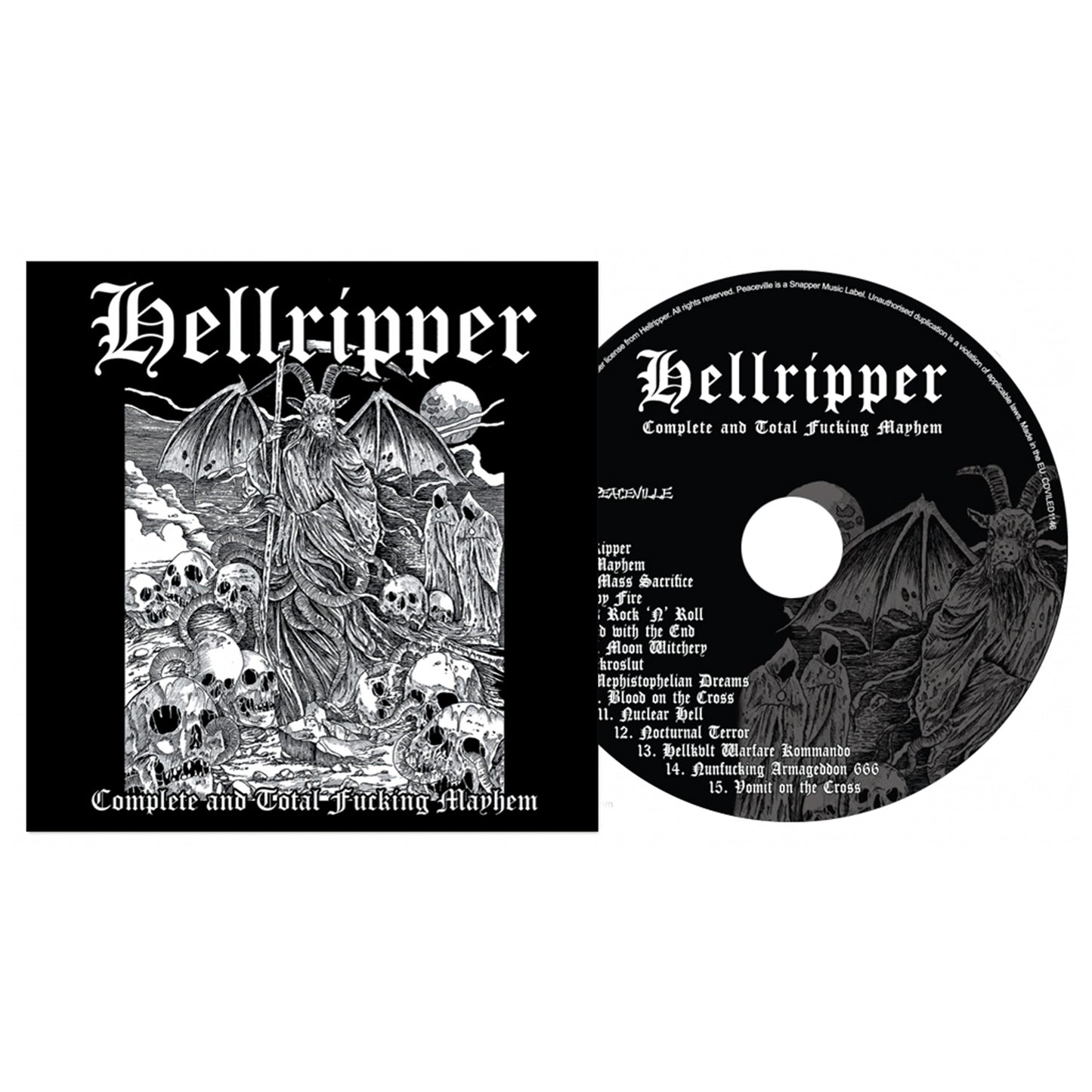 The image features a Hellripper CD and album cover titled Complete & Total Fucking Mayhem, displaying a black-and-white demonic figure with bat wings amid skulls, reflecting the brand’s blackened thrash metal style.