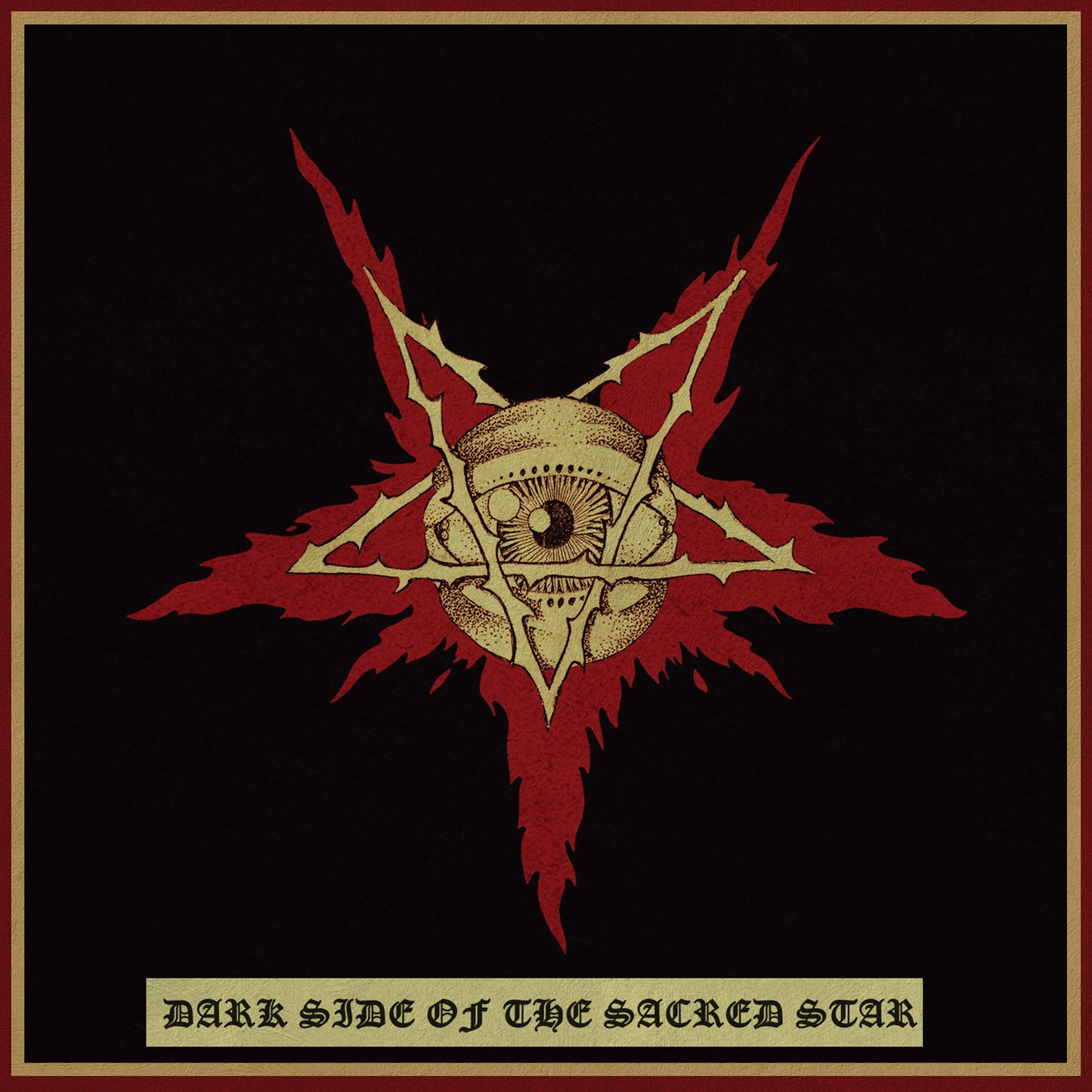 A stylized, occult design from Peaceville features a central eye in a horned skull with red jagged shapes on black. Text below reads: DARK SIDE OF THE SACRED STAR, evoking the spirit of black metal.