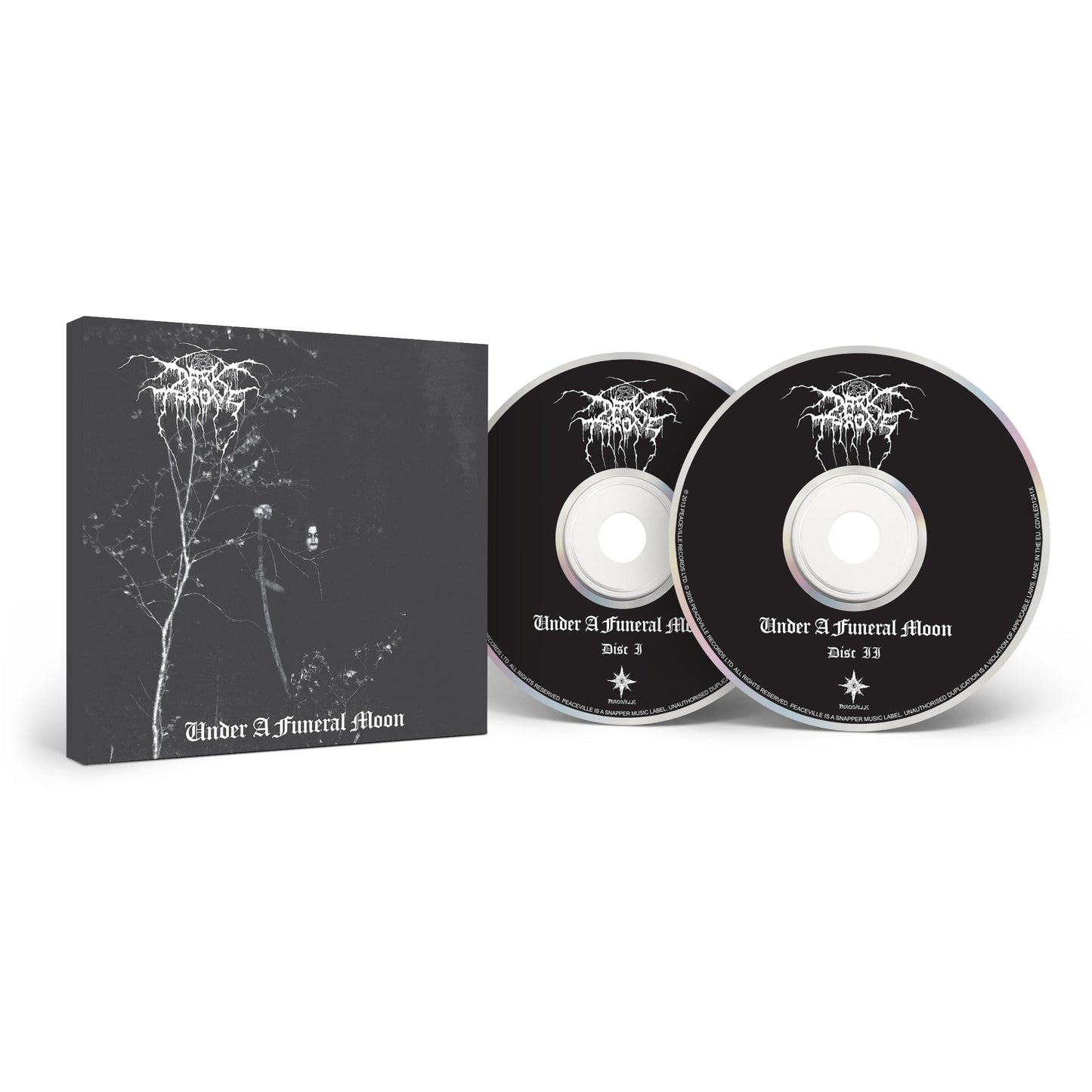 Darkthrone presents a Pure Norwegian Black Metal CD box set for Under A Funeral Moon, featuring the classic dark, monochrome trees-and-moon cover and two black CDs with white gothic text and the iconic Darkthrone logo.