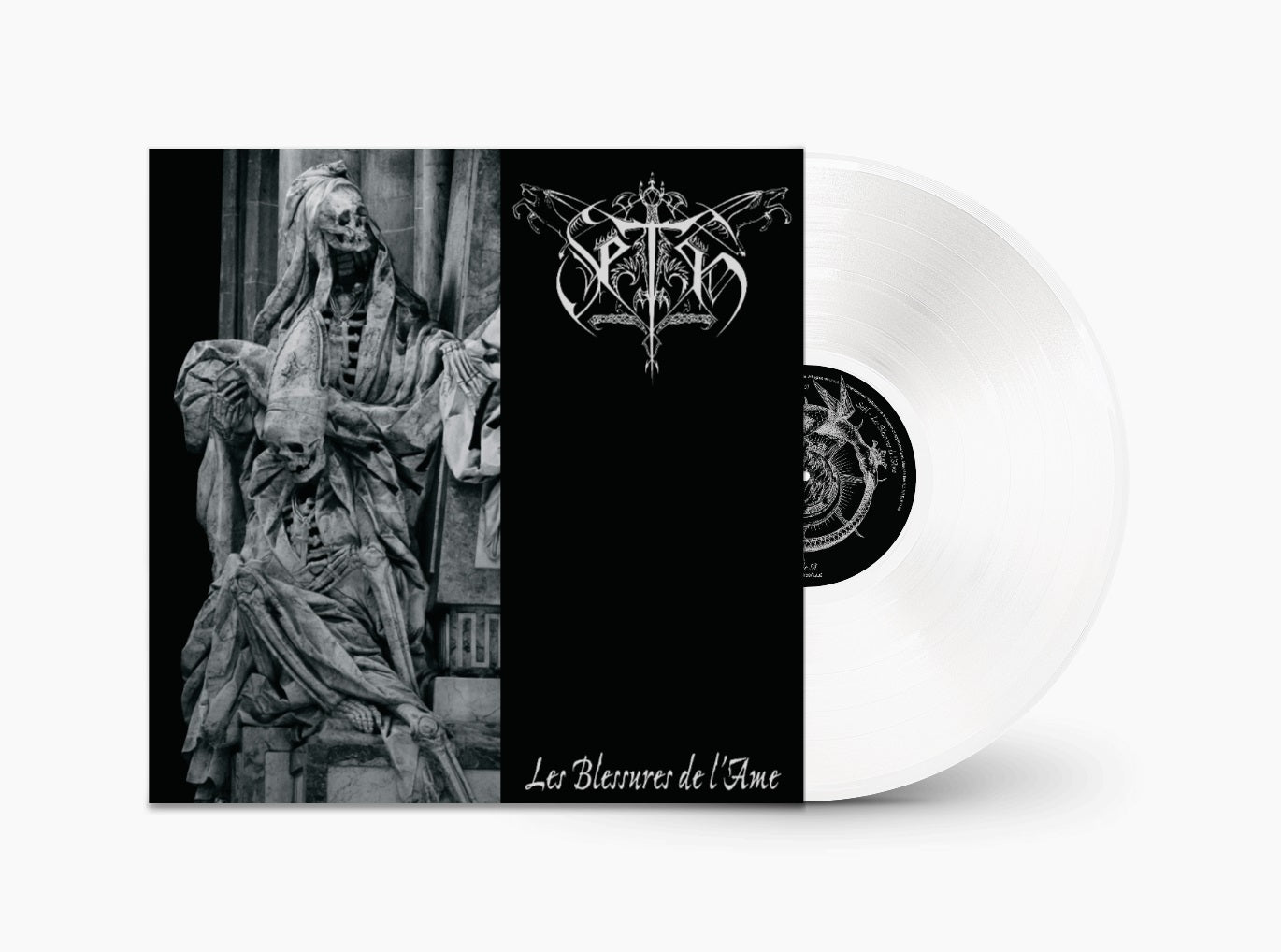A limited clear vinyl from Seth, partly in its sleeve, featuring a skeletal statue cover, intricate metal band logo, and the title Les Blessures de l’Âme—an iconic French black metal release.