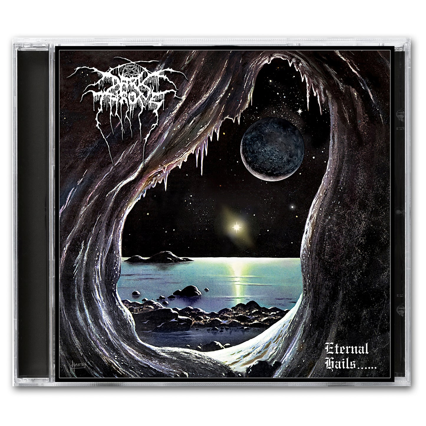 CD cover for Eternal Hails..... by Darkthrone features a cave opening with a dark seascape, glowing horizon, planets, and stars. The iconic Black Heavy Metal band’s logo appears at the top left. Brand: Darkthrone.
