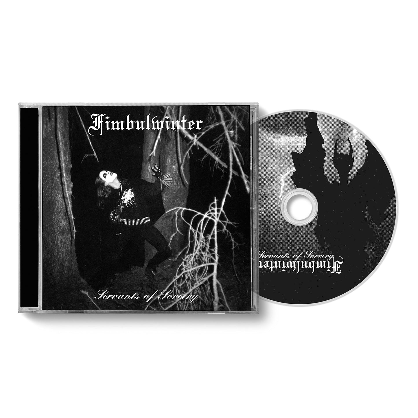 Fimbulwinters Servants of Sorcery CD features ominous artwork and a cover with a darkly dressed figure in a forest. The band and album name appear on the disc.