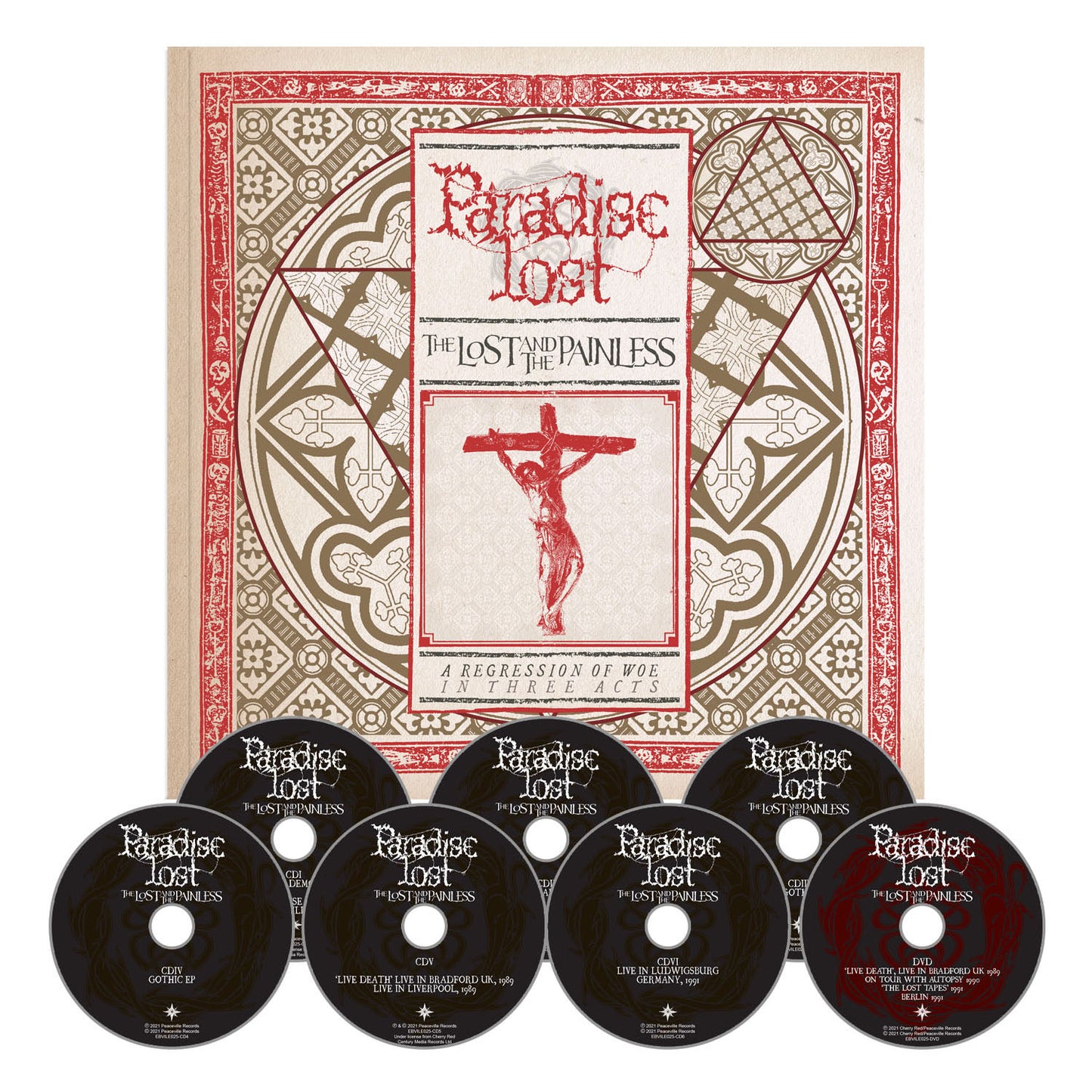 Paradise Lost box set from the Peaceville Era, featuring a decorated cover with a red crucifix and ornate patterns, plus six labeled CDs displayed in front of the box.