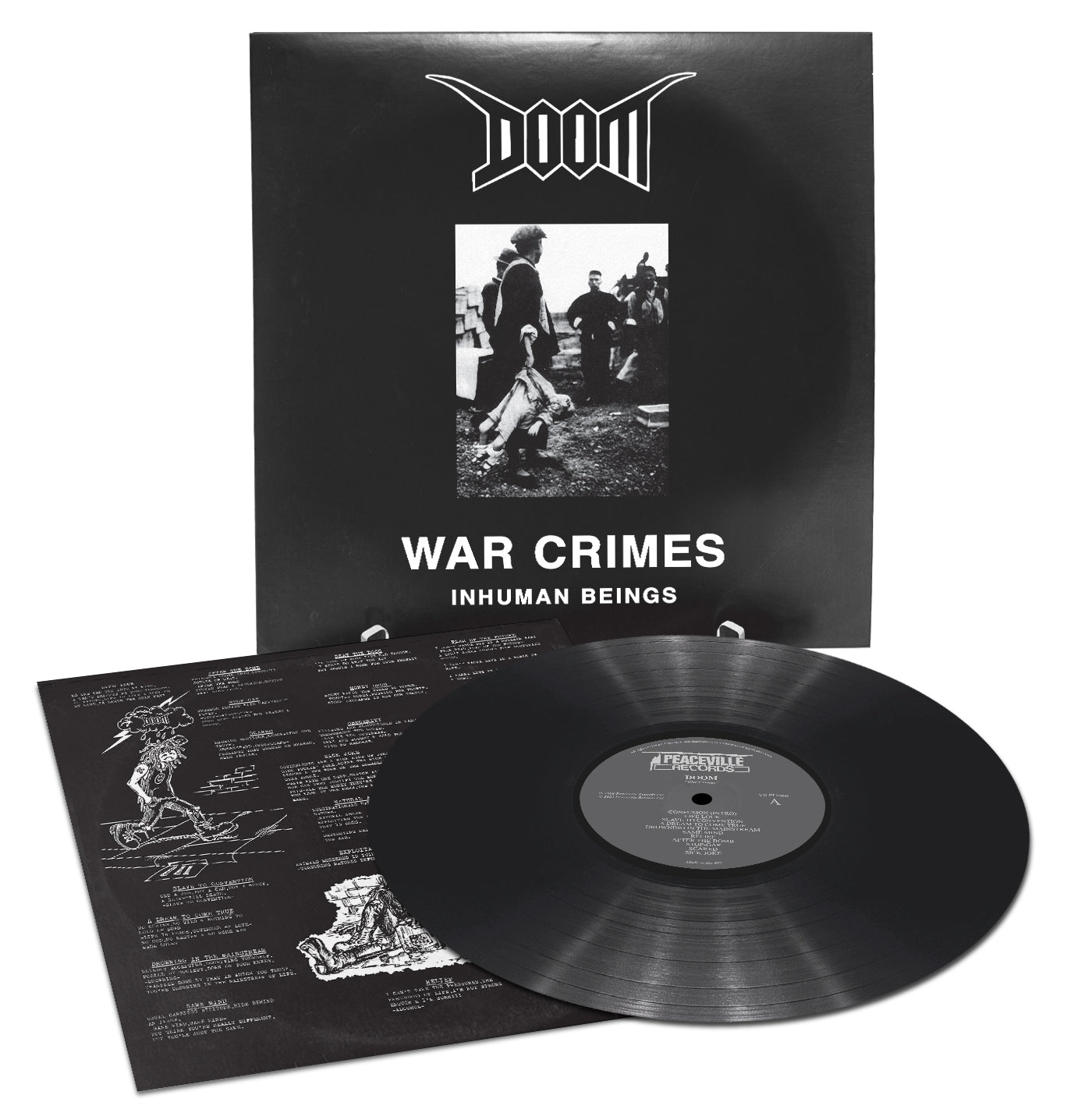 A vinyl record and sleeve for DOOM’s War Crimes: Inhuman Beings. The cover shows a black-and-white photo with bold text, while the inner sleeve features printed lyrics and vivid illustrations.