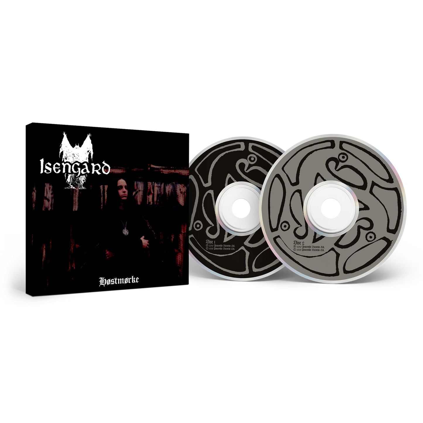Isengards Høstmørke box set features iconic dark cover art and two CDs with abstract black and gray designs—a classic Norwegian folk/black metal album from Darkthrone’s Fenriz. Brand: Isengard.