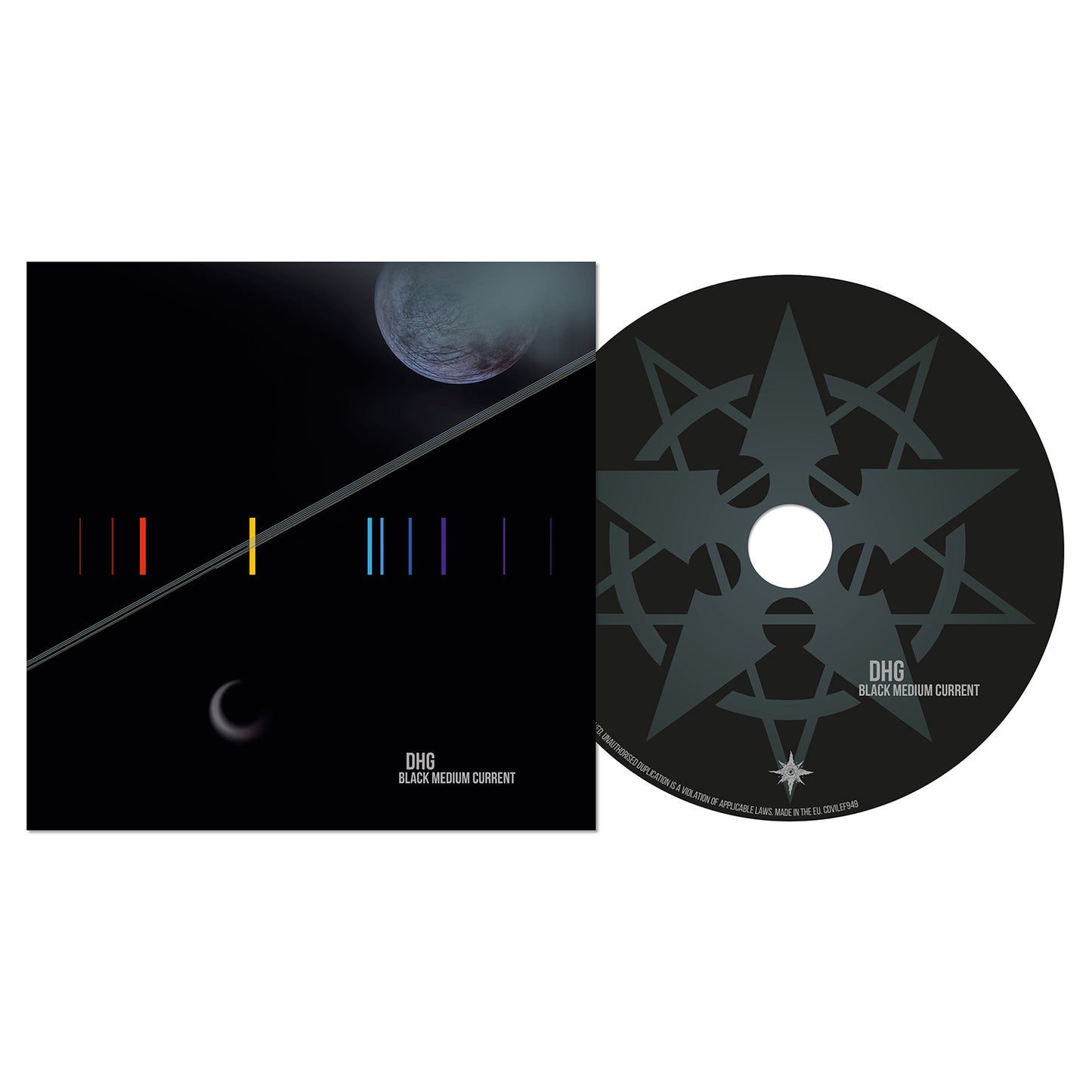 Album cover and CD for “Black Medium Current” by DODHEIMSGARD: a dark, cosmic scene with a planet, crescent, colorful lines, and title. The CD displays a grey geometric star along with the album name.