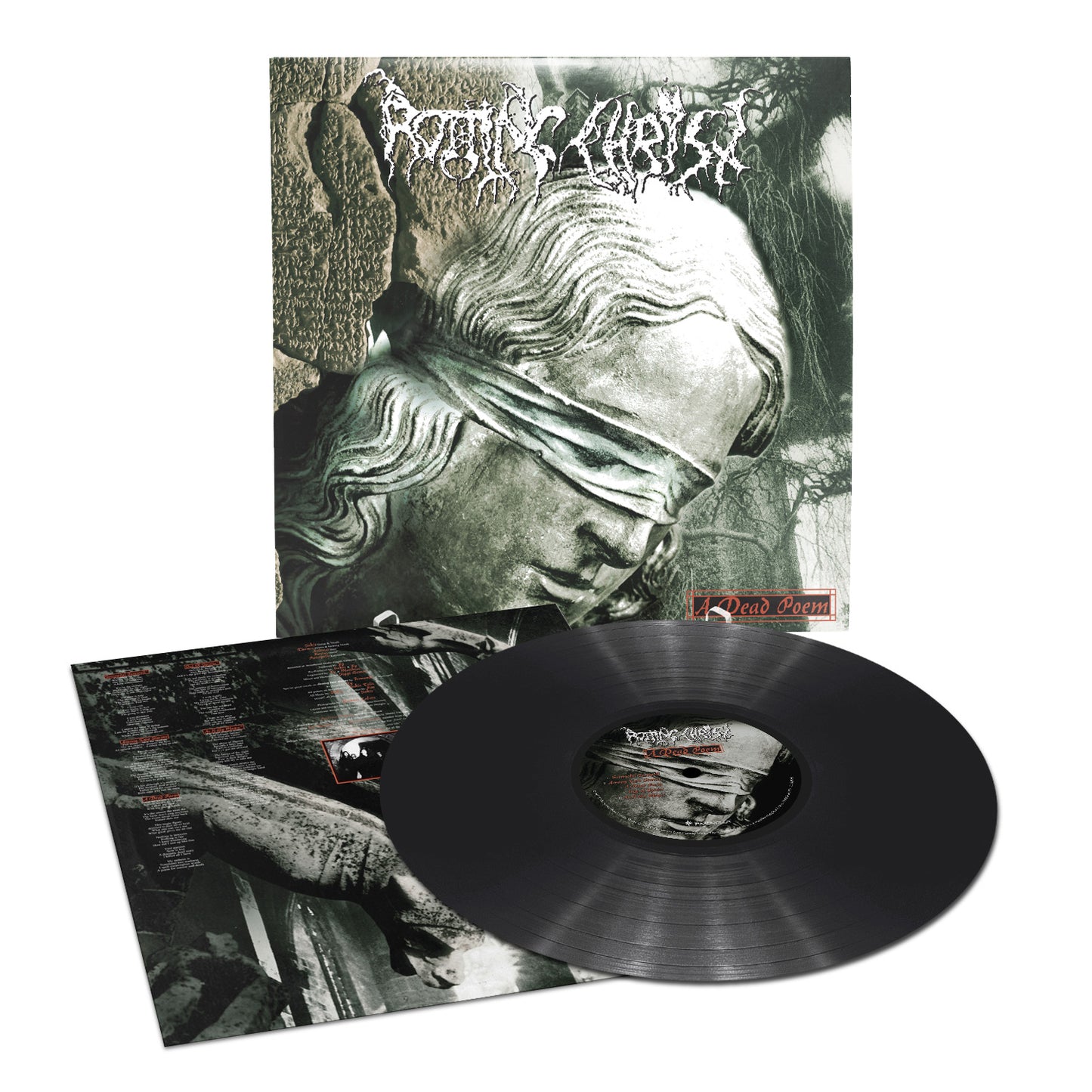 A Rotting Christ vinyl record with cover and insert. The cover art shows a close-up of a blindfolded stone angel with a somber expression, reflecting the haunting mood of A Dead Poem by Rotting Christ.