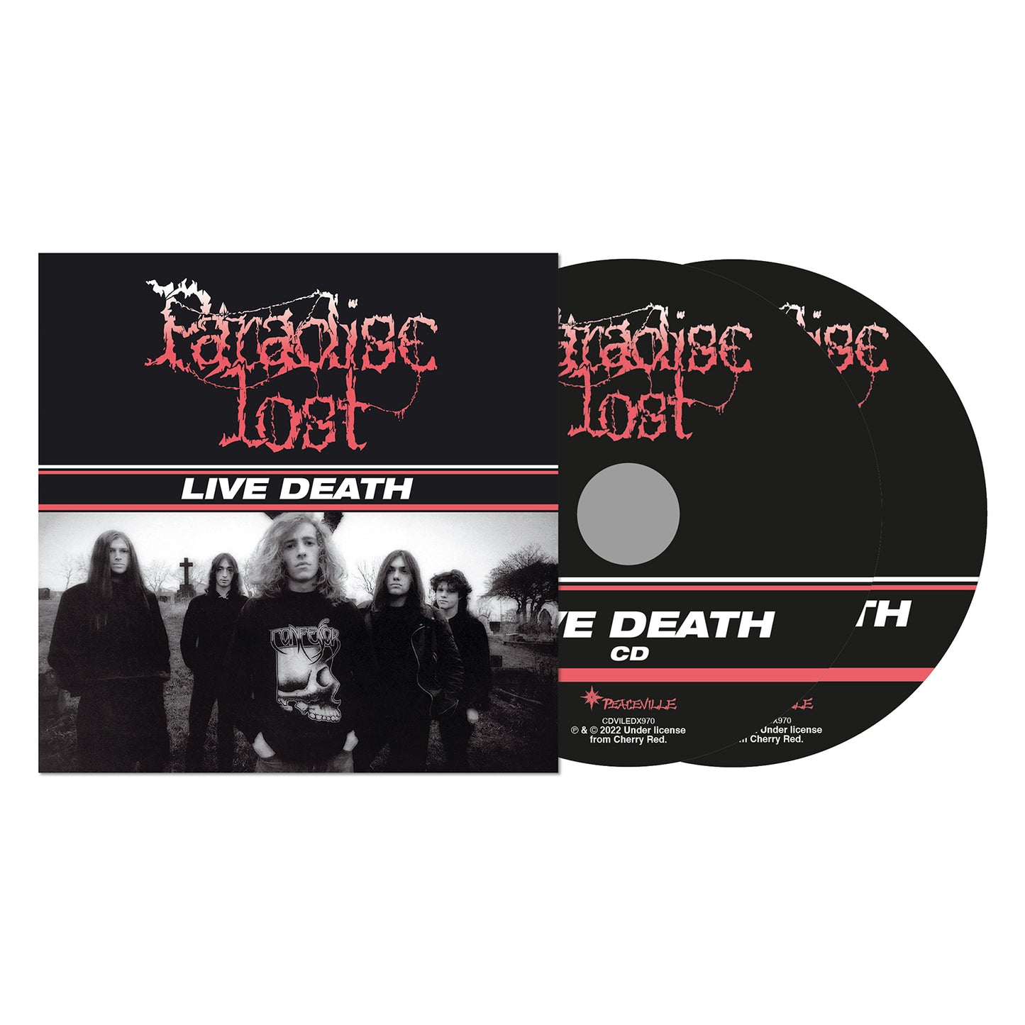 Paradise Lost Live Death CD set features a black-and-white photo of the Gothic Doom Metal bands five members outdoors, with their red logo and album title above. The packaging displays two discs next to the cover.