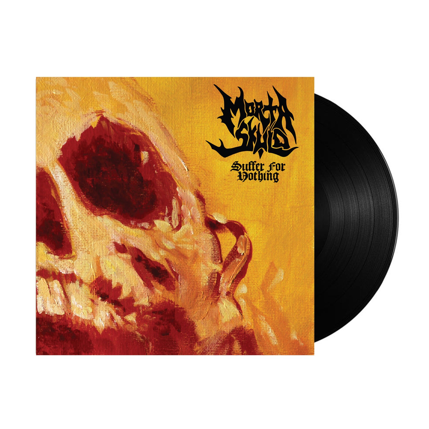 A vinyl record slides out of a yellow and red album cover with a painted decaying skull. The cover features MORTA SKULD in jagged black font and the album title Suffer For Nothing in gothic script.