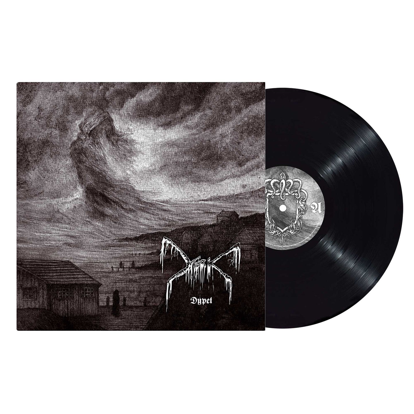 A black vinyl record slides from a sleeve featuring monochrome artwork of a cloudy sky over a rural landscape, with the Norwegian black metal band Morks logo and the word Dypt from their sixth studio album on the cover.