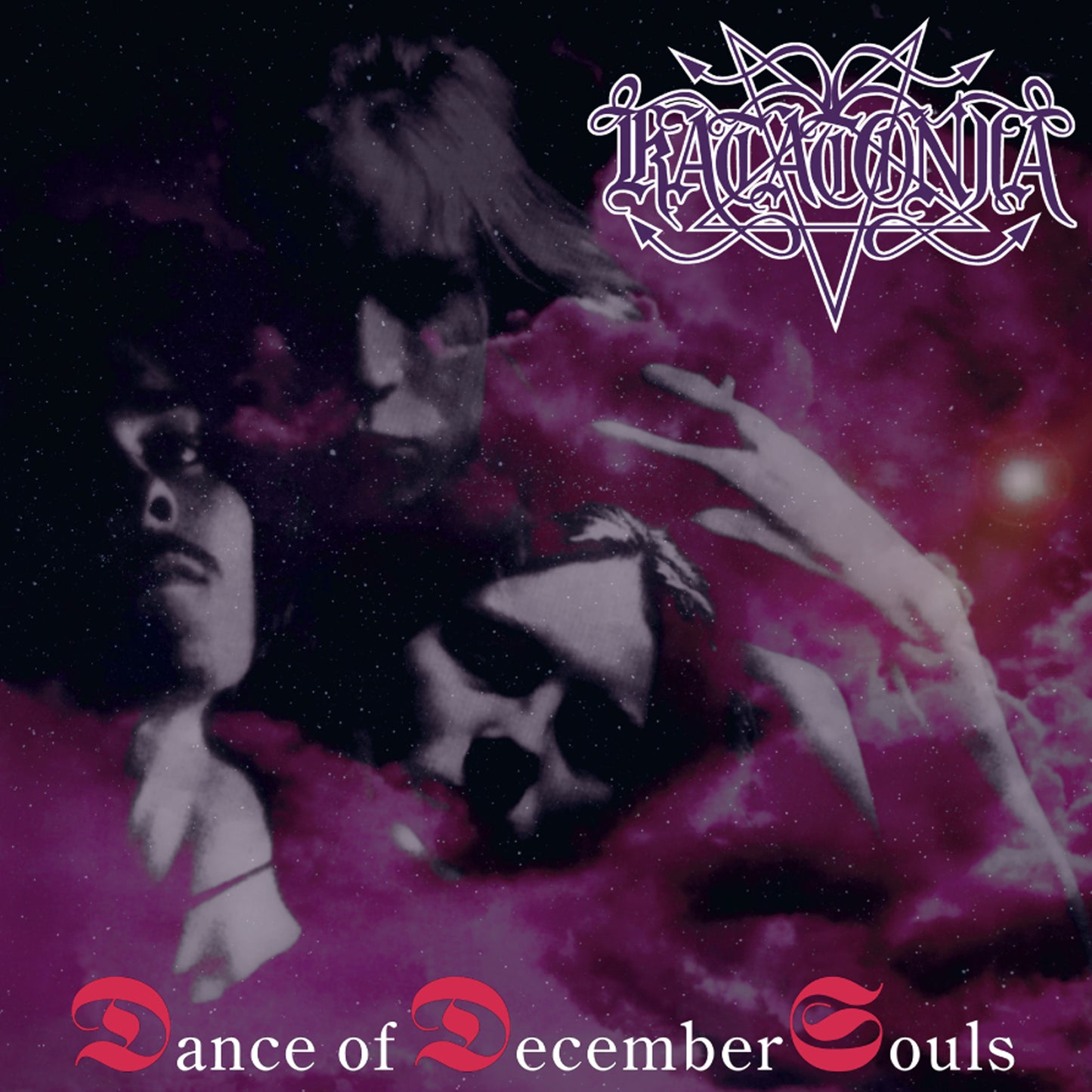 Katatonia album cover for Dance of December Souls: three shadowy faces in purple clouds, band logo top right, gothic red and white album title—ideal for a limited edition marbled vinyl from Katatonia.