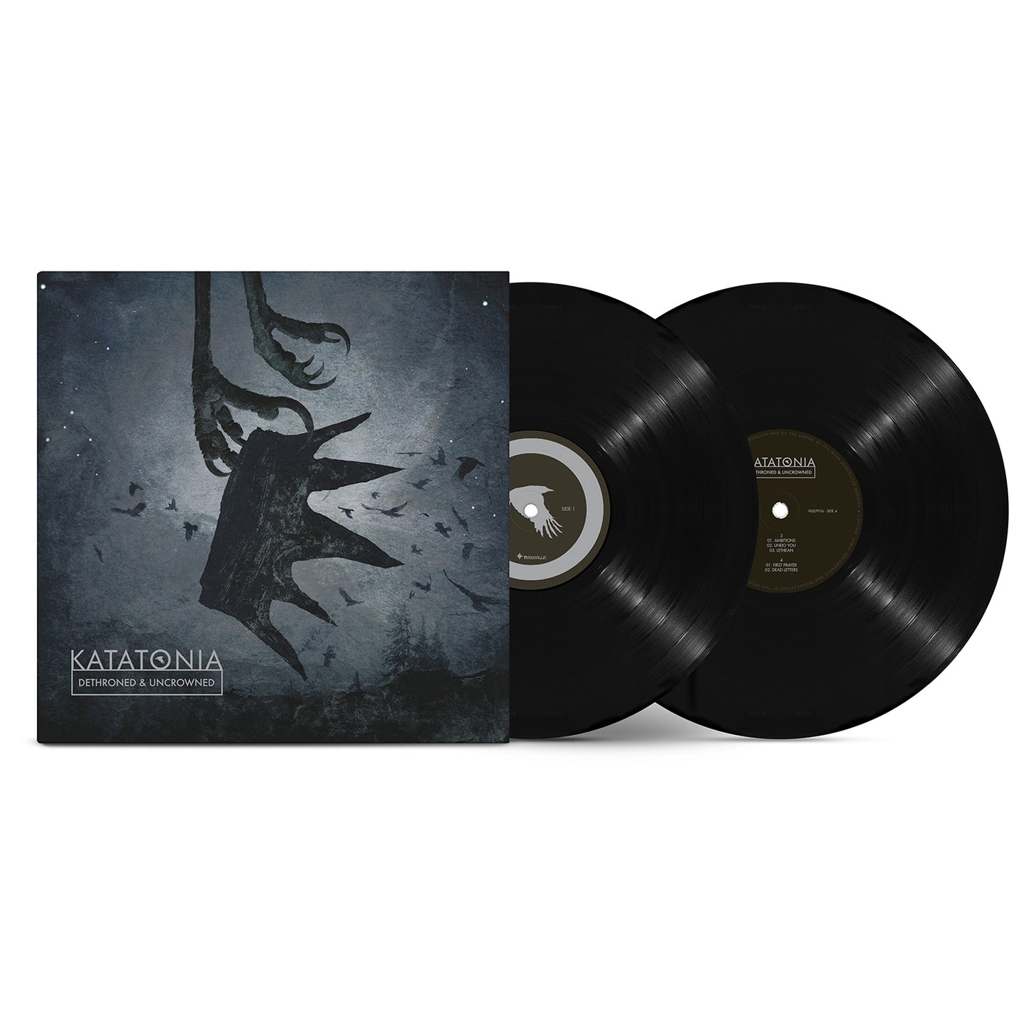 A Katatonia vinyl record set featuring the Demons of the Unknown album cover with a dark, abstract design inspired by Dead End Kings. Includes two black vinyl records displayed alongside the cover.