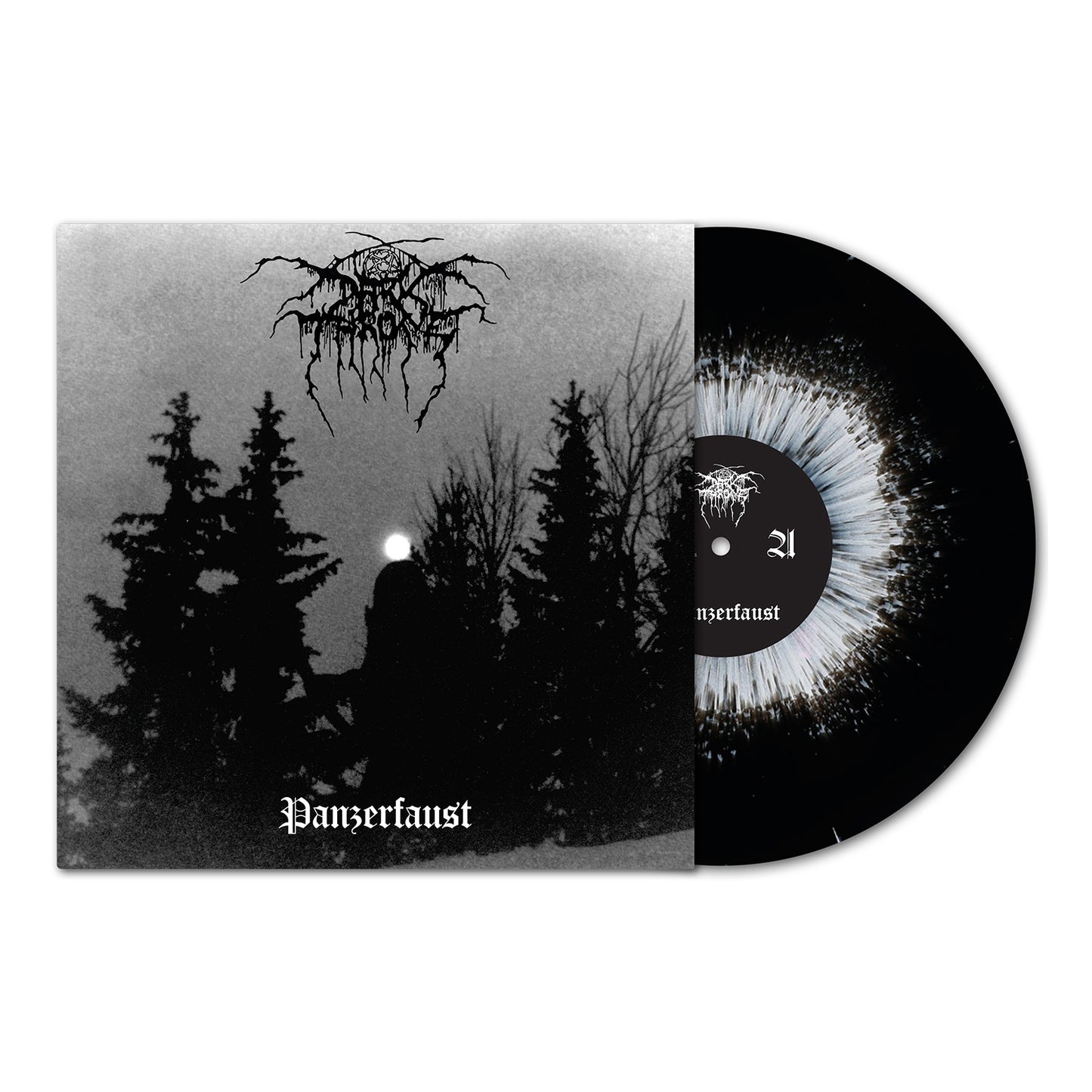 A vinyl record by Darkthrone, partly pulled from its monochrome cover with a black metal logo, Panzerfaust title, and a tree silhouette against a gray moonlit sky. The disc features a bold black and white splatter design.
