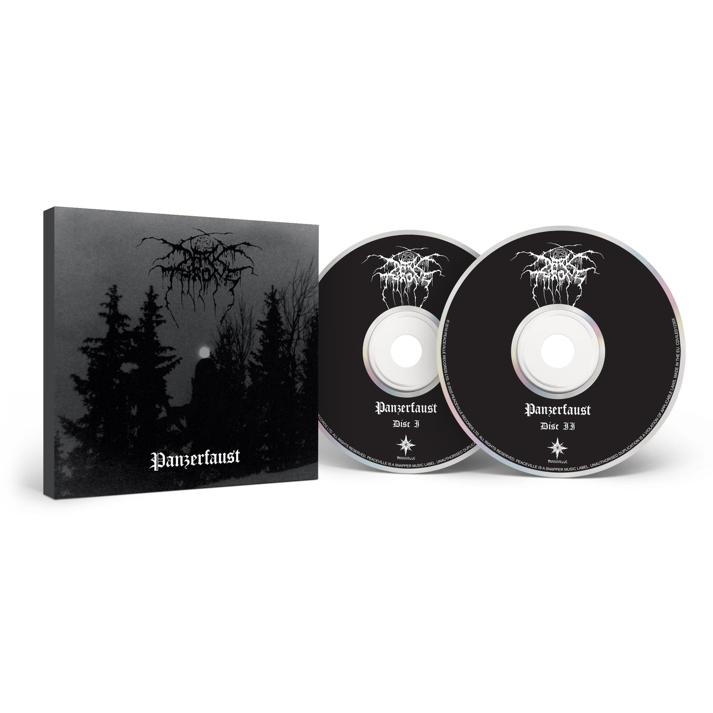 Darkthrone box set featuring Panzerfaust with two black-designed CDs and a box displaying dark trees under a cloudy, eerie sky.
