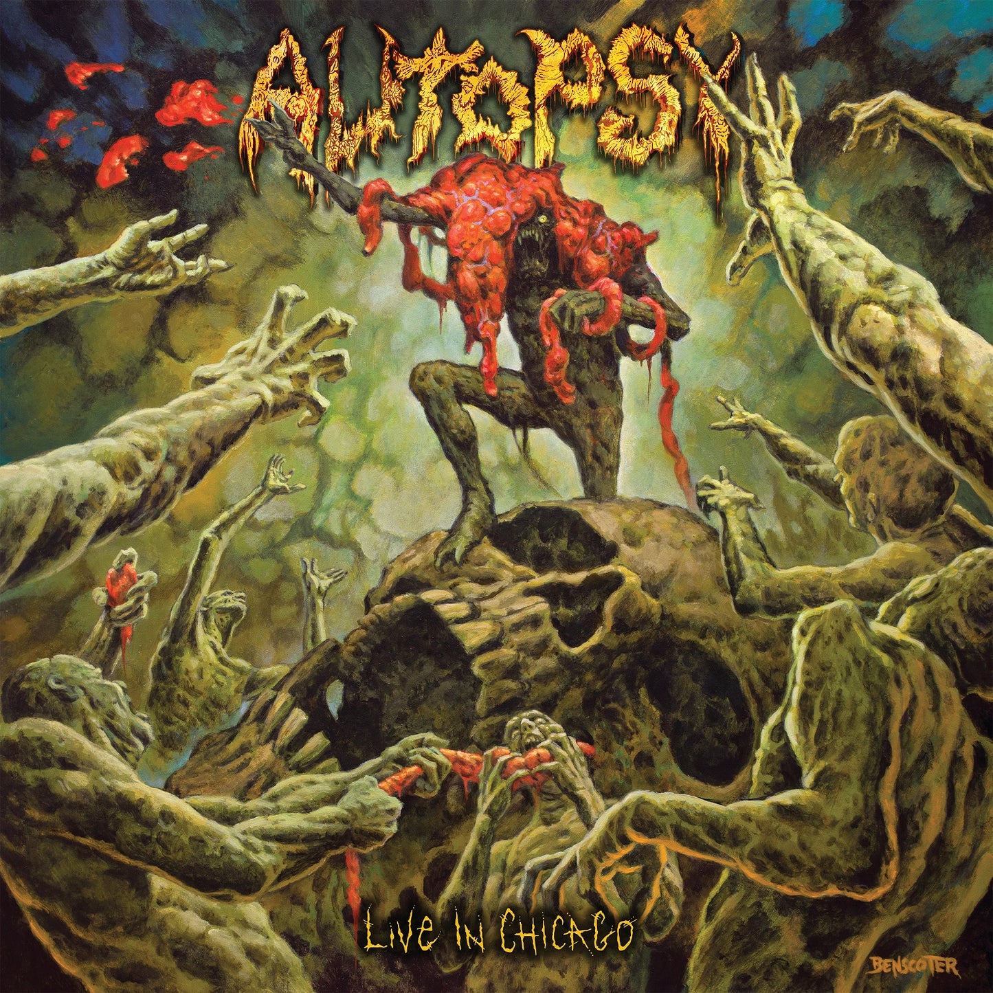 A grotesque, zombie-like figure stands on a giant skull, holding entrails above its head as decaying hands reach up. The band name Autopsy and the live album title Live in Chicago are displayed. Brand Name: Autopsy.