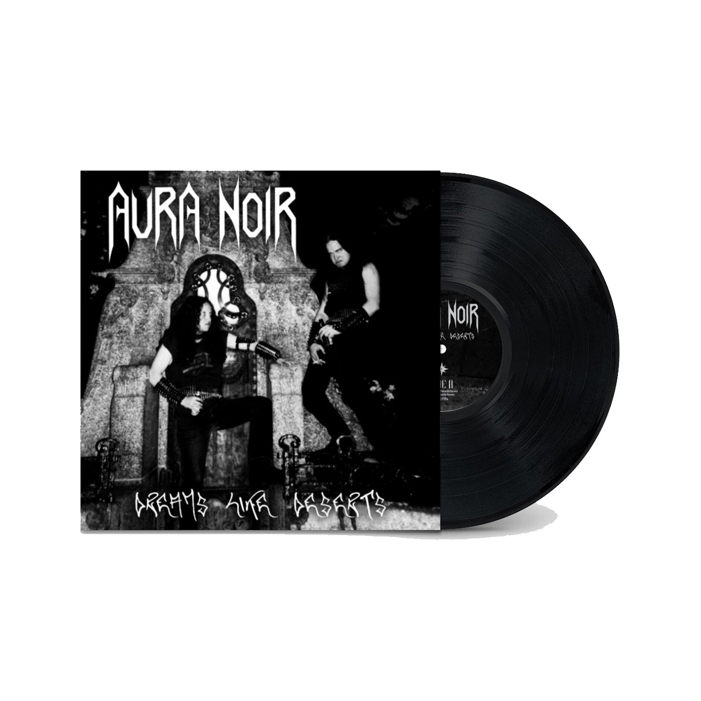 A black vinyl record partly out of its sleeve. The sleeve features three people in dark attire by a gothic tombstone, with Aura Noir and their black thrash metal classic Dreams Like Deserts in stylized fonts. Brand: Aura Noir.