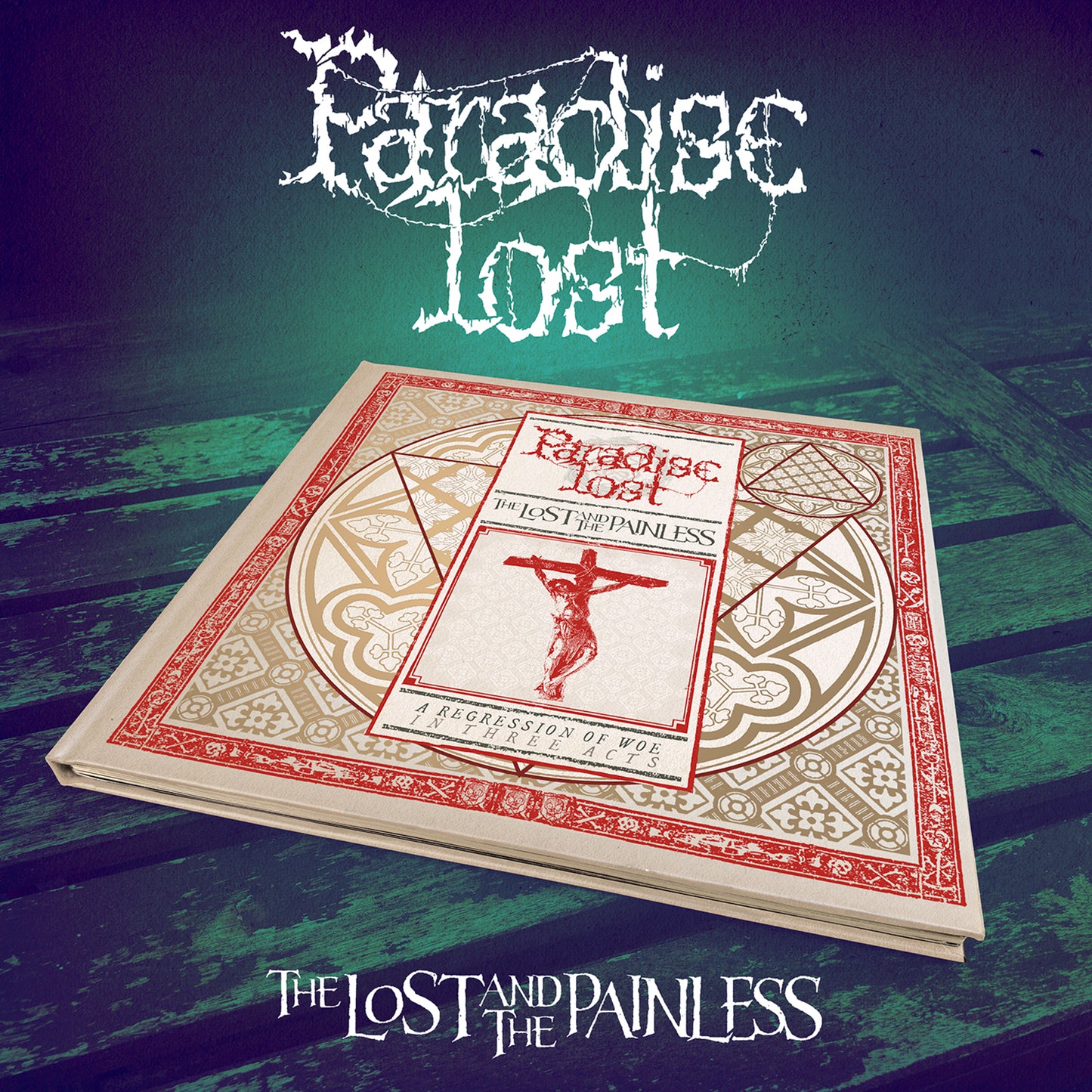 A Paradise Lost vinyl record with ornate red and gold cover art sits on a table, displaying a crucified figure, decorative borders, and bold text that capture the iconic Peaceville Era of Gothic Doom Metal.