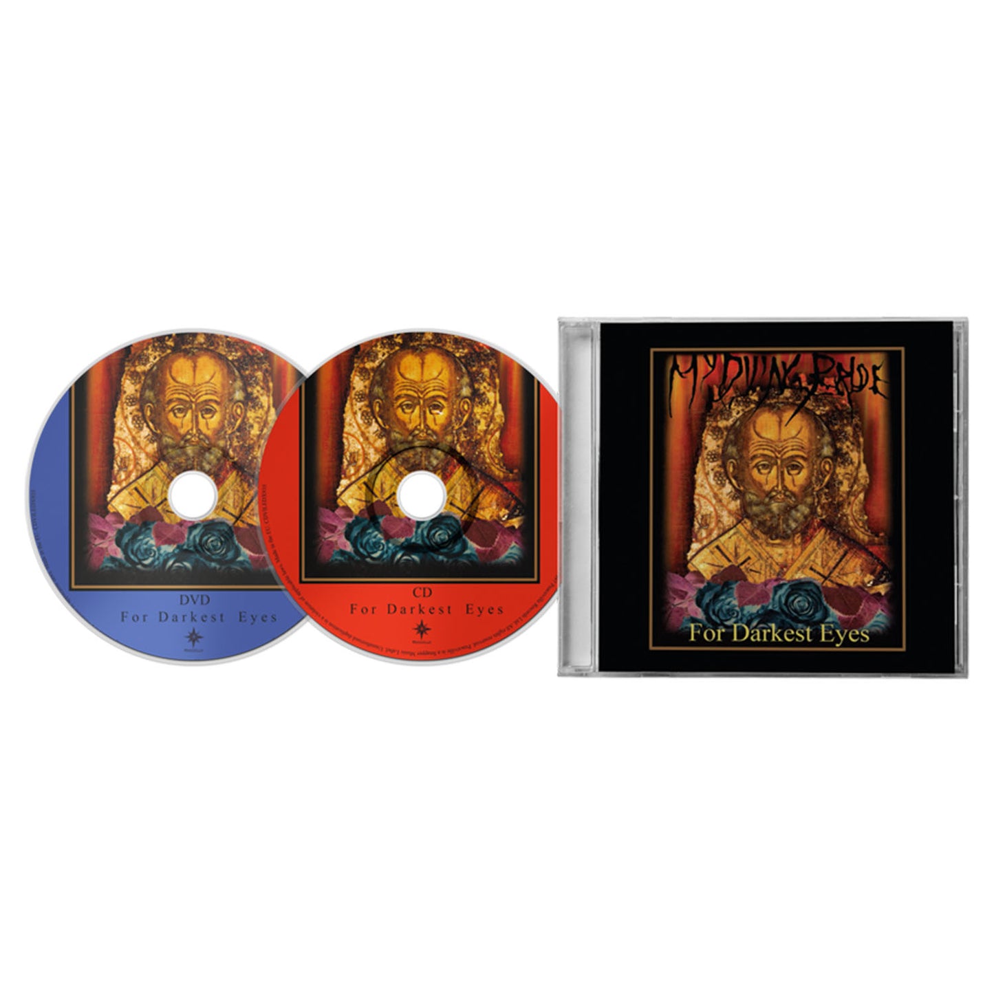 A two-disc set by My Dying Bride, For Darkest Eyes includes a DVD and CD, both featuring cover art with an illustrated bearded face, roses, and an ornate border, next to a clear CD case displaying the matching artwork.