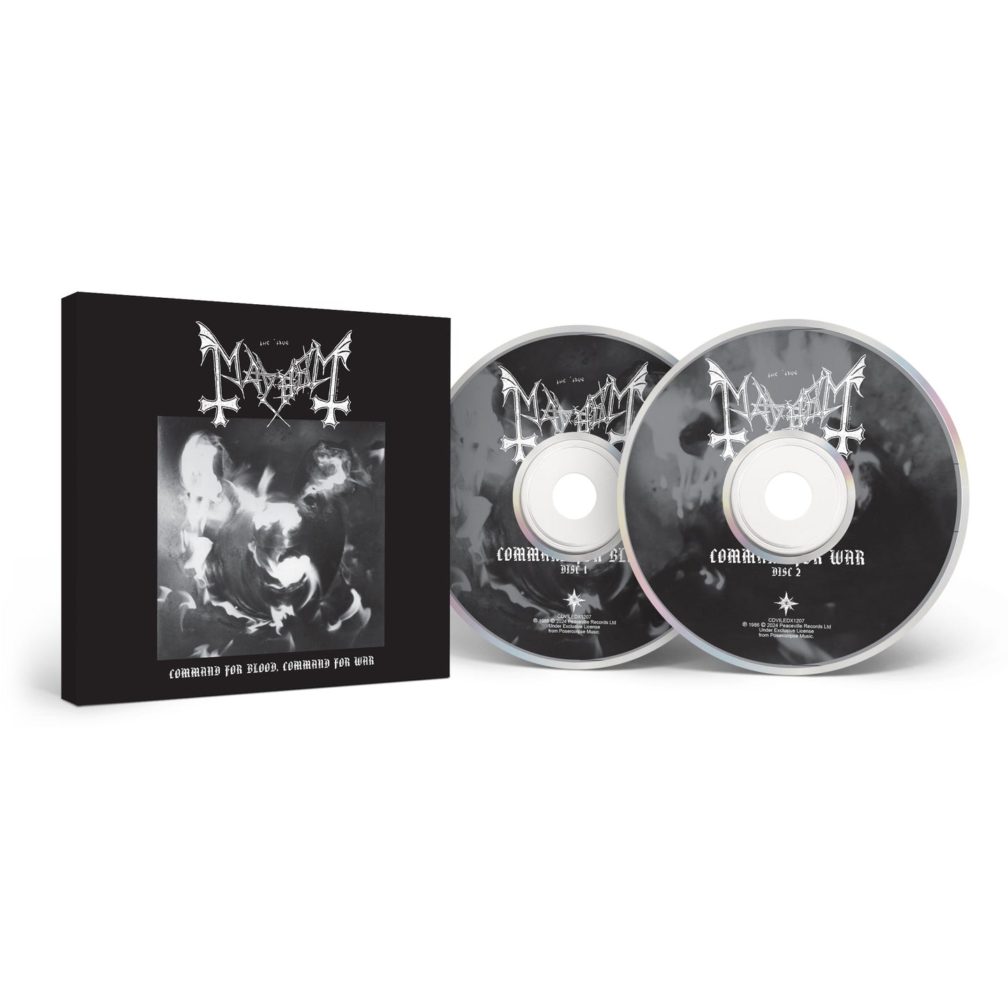 A black box set by Mayhem with two CDs beside it. The cover and discs display a monochrome, eerie image featuring Mayhem’s logo and the title Command for War, Command for War, evoking classic black metal intensity.