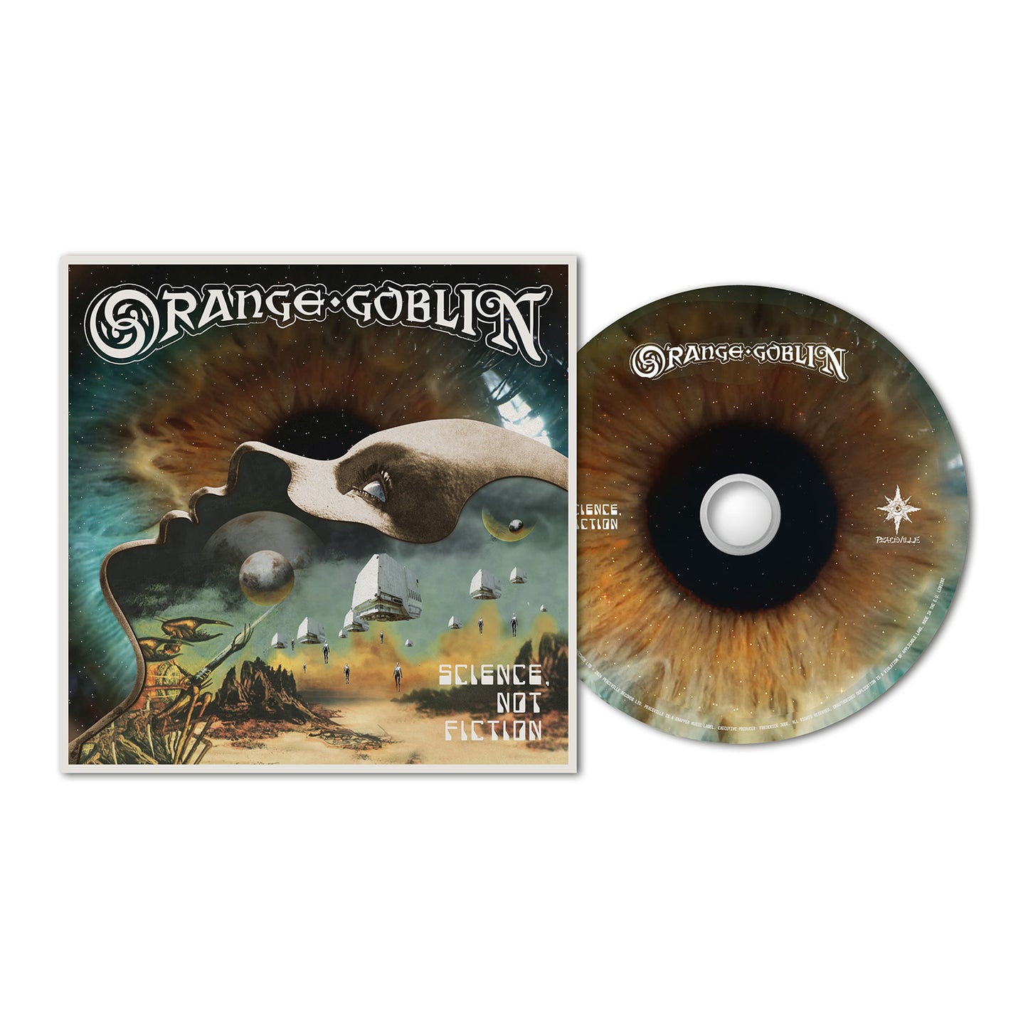 An album cover and CD for Orange Goblin’s Science Not Fiction, showing a surreal eye, face silhouette, mountains, and sailing ships—echoing the band’s stoner rock and heavy metal style. The CD matches the cover’s vibrant design.