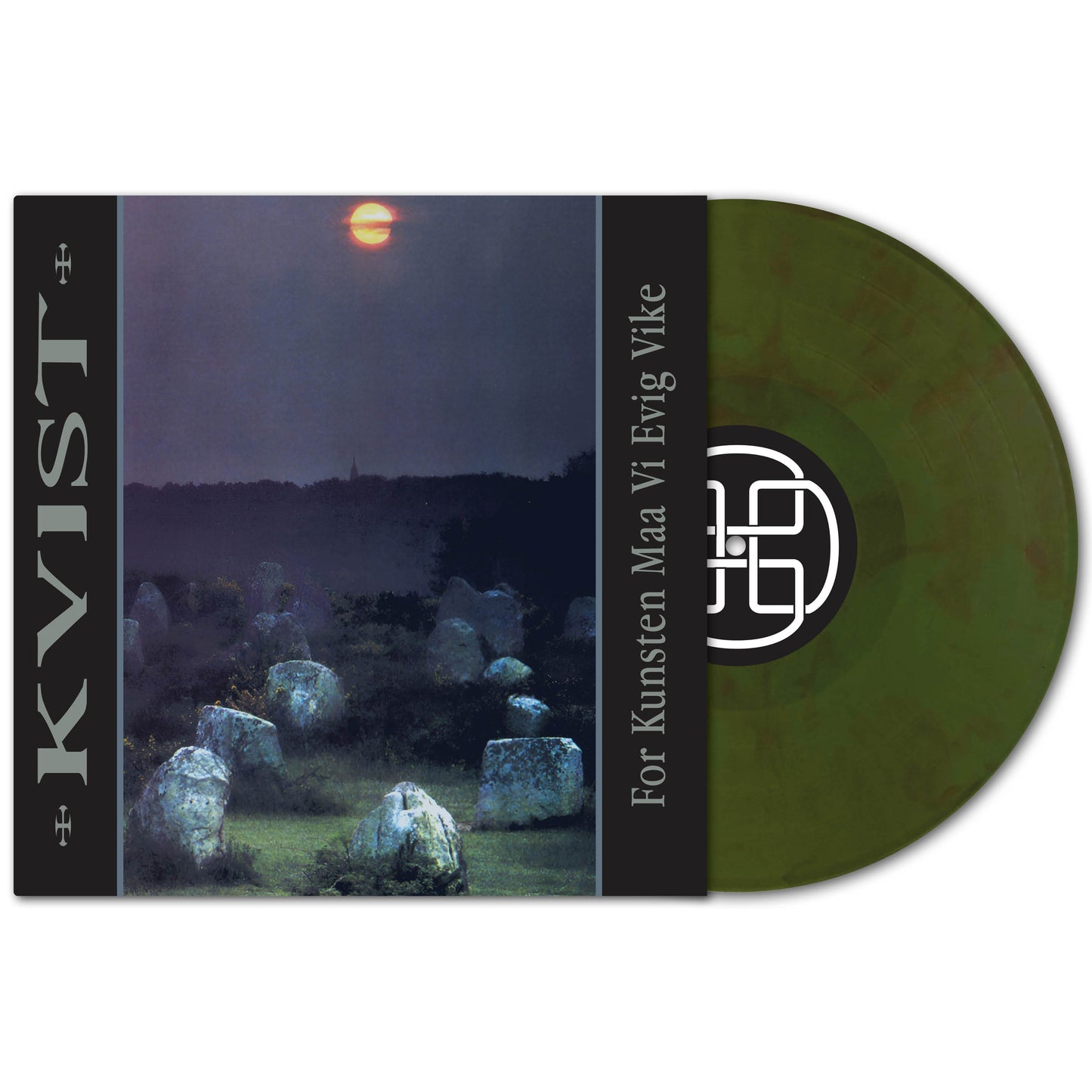 Dark green and black swirl vinyl record from Kvist. The album cover features a moonlit landscape with stones, dark trees, and a dusk sky. Text reads: KVIST – For Kunsten Maa Evig Vike.