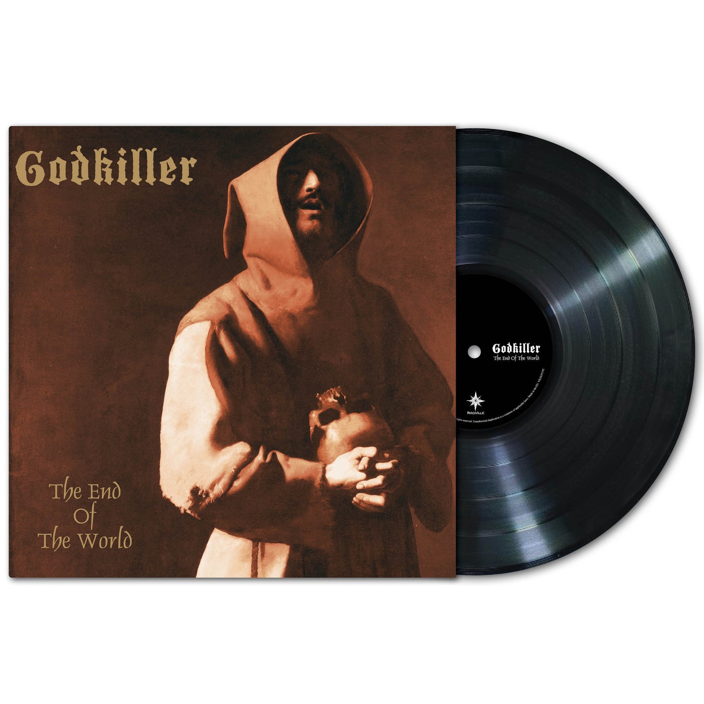A vinyl record slides out of its cover, showing Godkiller’s hooded figure with a skull and The End of The World in Gothic gold text—classic black metal imagery from Monaco band Godkiller on this striking release.