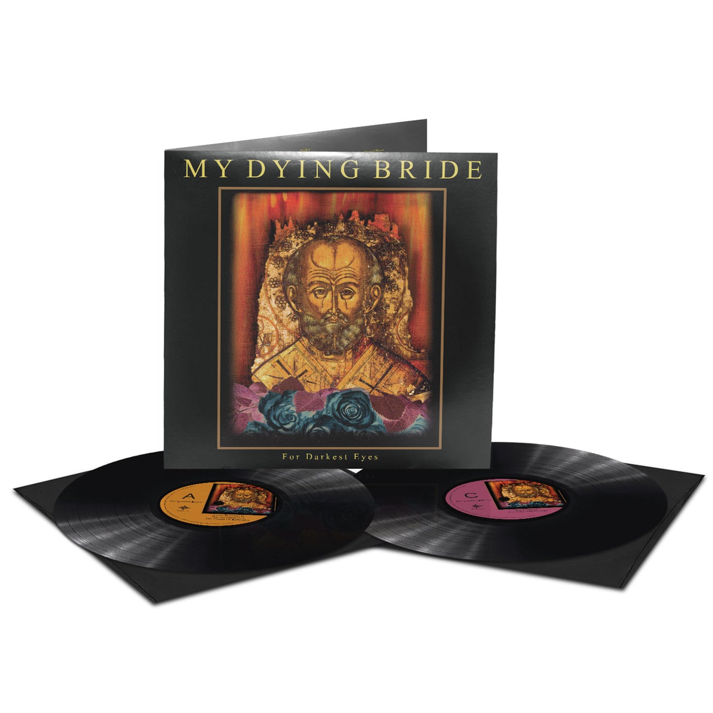 My Dying Brides double gatefold vinyl of For Darkest Eyes includes two black records and a cover showing an illustrated bearded man bordered by roses beneath the band and album title.