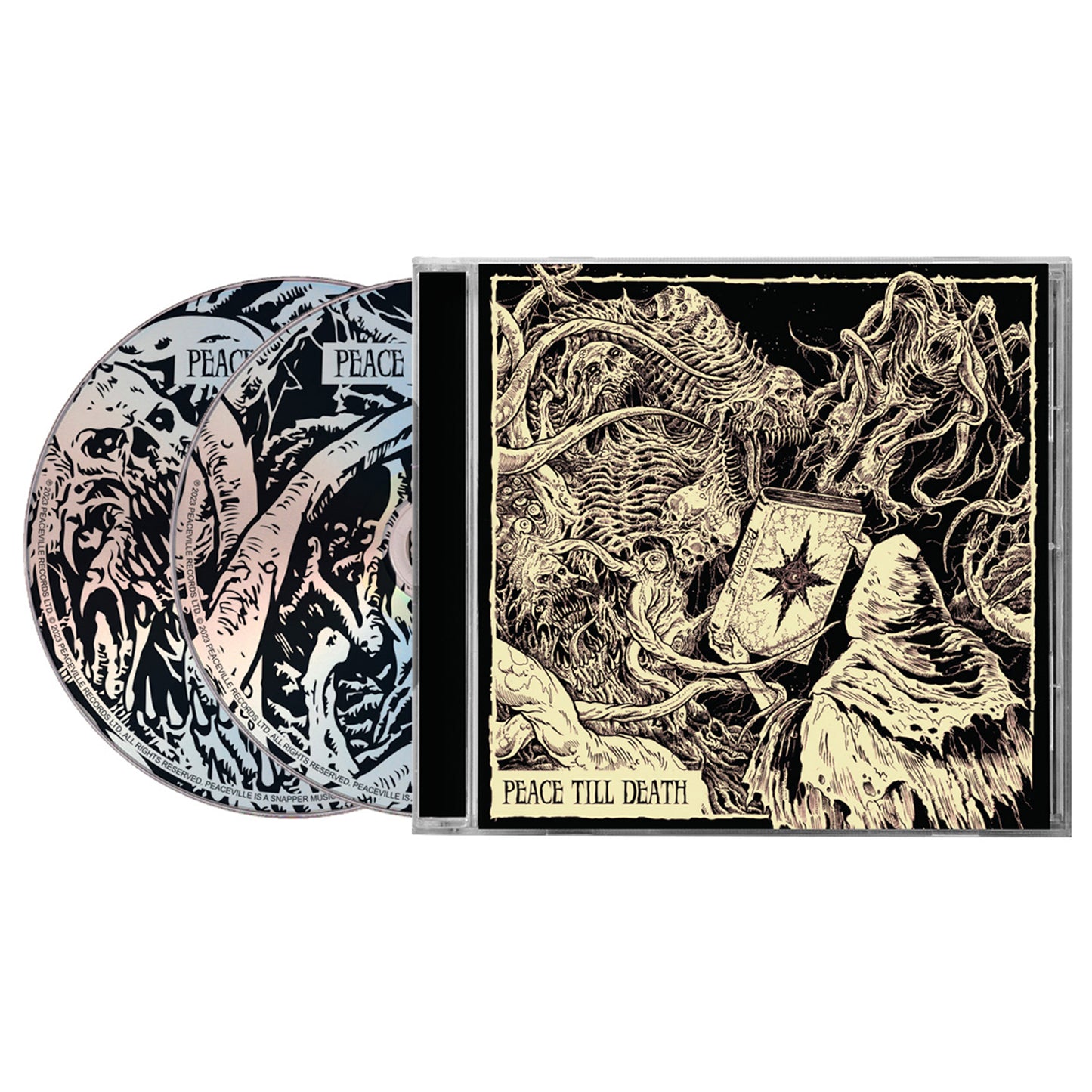 Peaceville CD case with cover art of dark skeletal figures and a star-studded shield. Includes two CDs with abstract black-and-white designs. Cover text: PEACE TILL DEATH—classic Peaceville death metal style.
