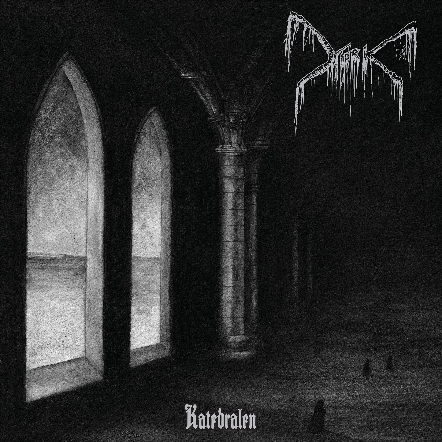 A dark, gothic cathedral interior with tall arched windows and stone columns lines the shadowy hall, where small hooded figures sit—evoking the haunting spirit of Norwegian black metal and the brand Mork.