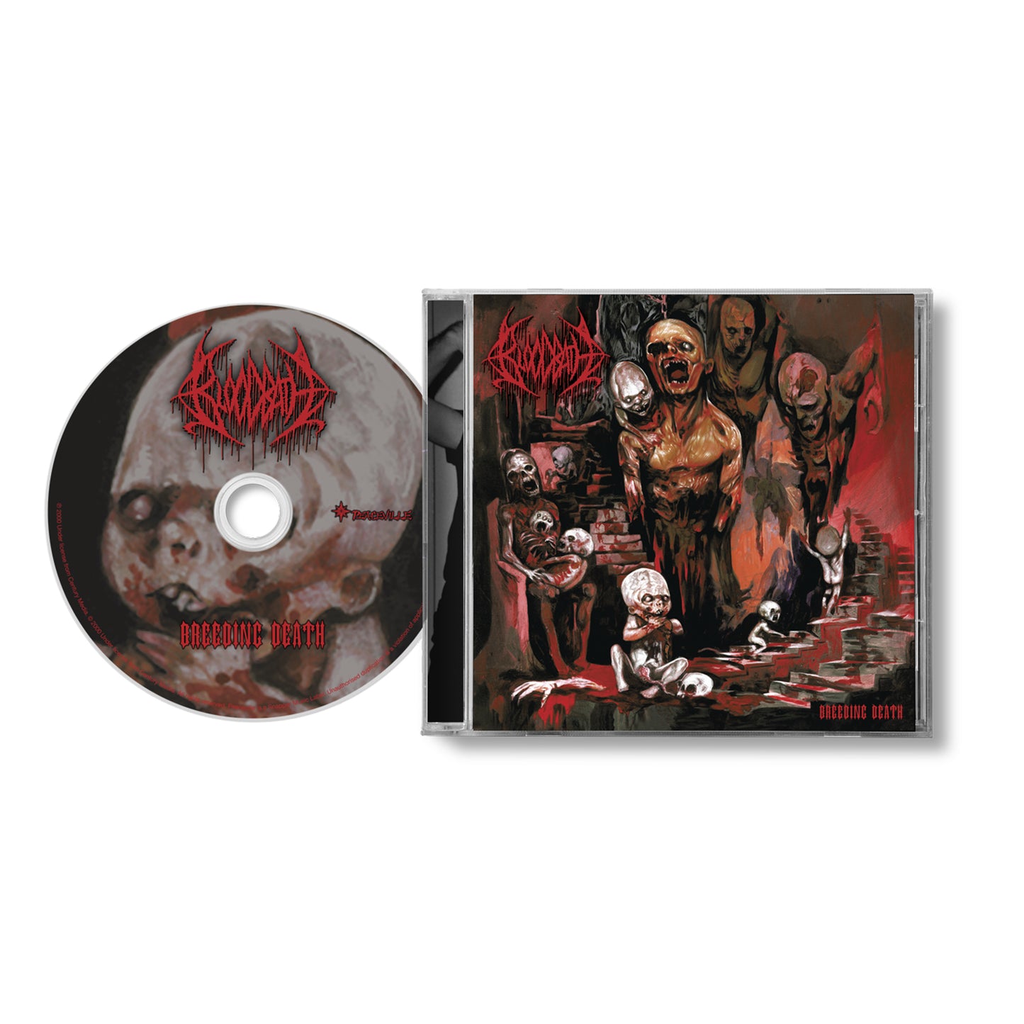 A Bloodbath CD and case for the death metal album Broadway Death, featuring cover art with gruesome figures and severed heads in a dark, horror-themed red and black design.