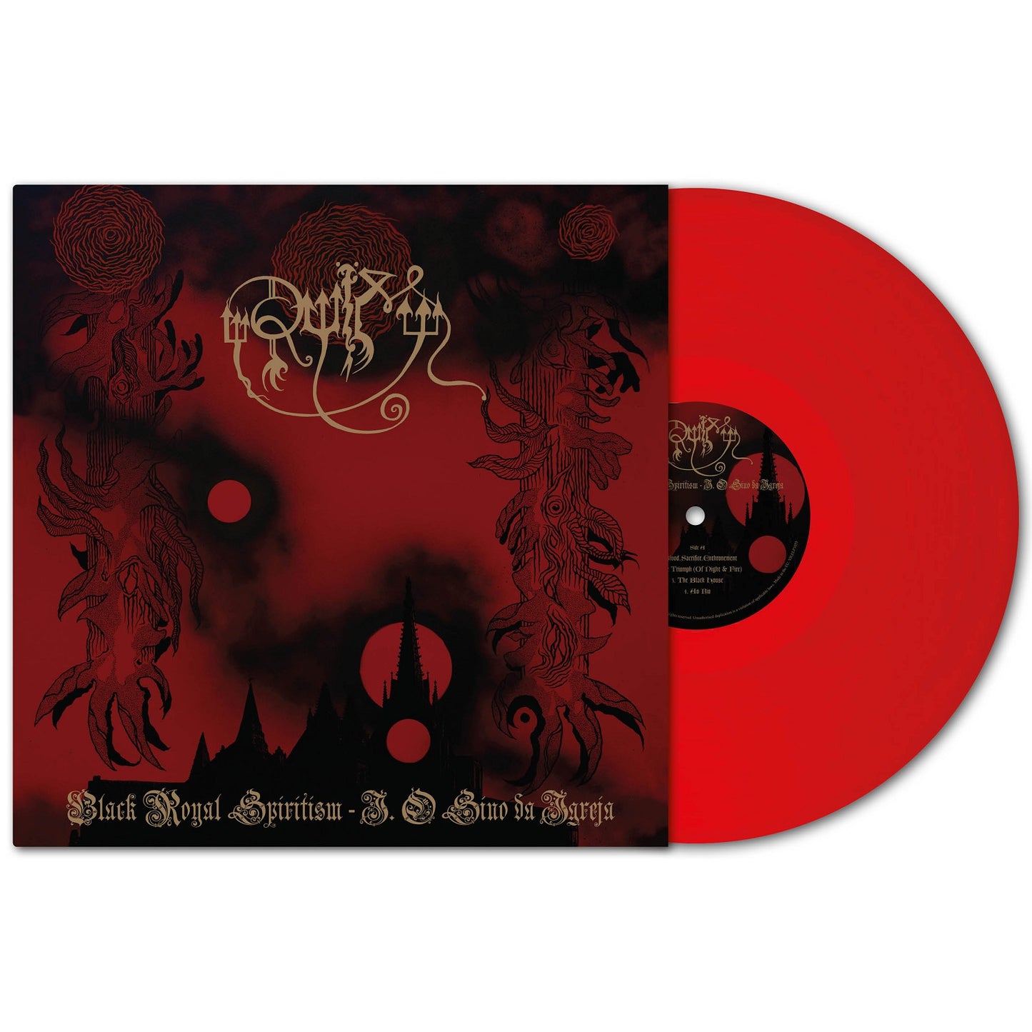 A limited transparent red vinyl by RUÏM, partially pulled from a dark red and black album cover featuring abstract gothic artwork. This black metal release is titled "Black Royal Spiritism II: O Sino da Igreja.