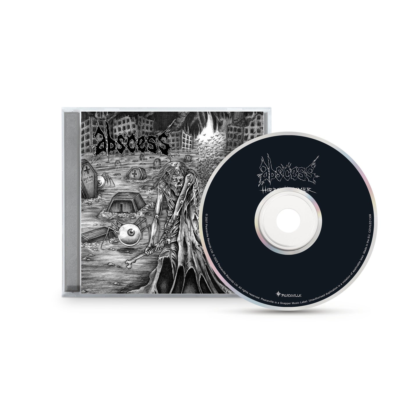 A CD case and disc for the death metal album Holocaust by Apocleist, branded ABSCESS; the cover features a skeletal figure in a graveyard among ruins and gravestones in a dark, Horrorhammer-inspired apocalyptic scene.