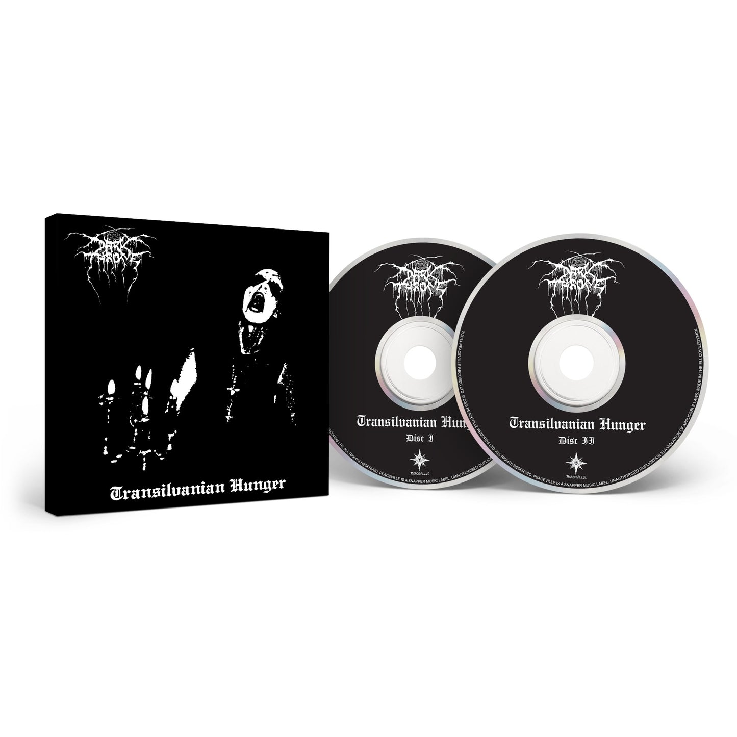 A Darkthrone box set for Transilvanian Hunger, the Norwegian black metal classic, with its iconic black-and-white cover and two discs labeled Transilvanian Hunger Disc 3 and Disc 33.