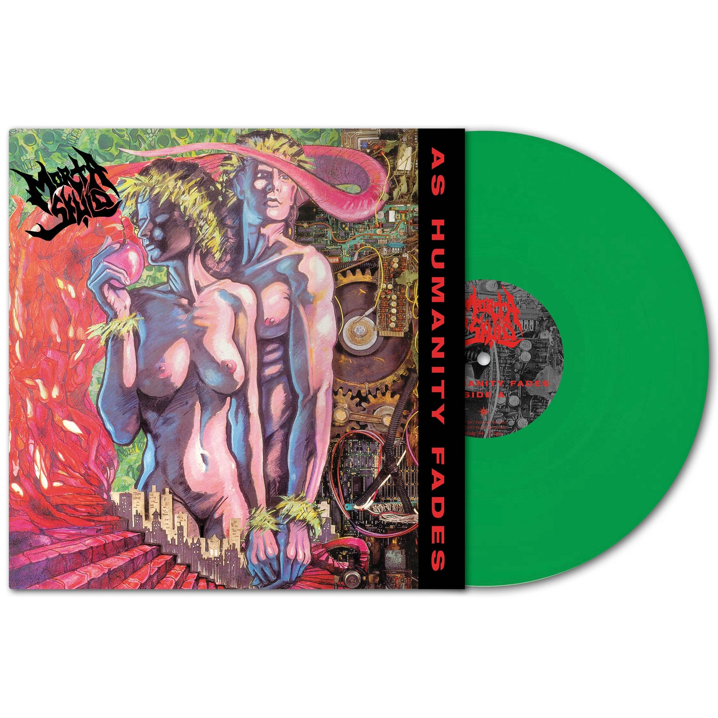 MORTA SKULD’s green vinyl of As Humanity Fades celebrates its 30th anniversary, paired with vibrant cover art showing two nude, androgynous figures in large hats amid surreal, fiery, and mechanical designs.