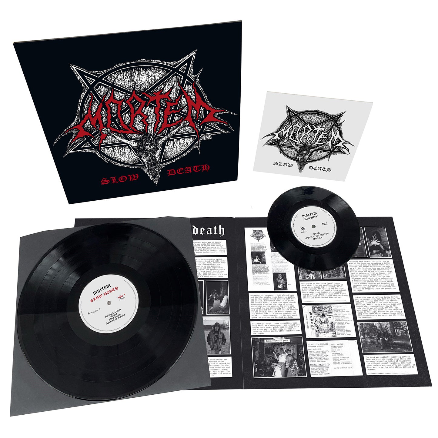Vinyl edition of Mortem’s Slow Death—ideal for Norwegian black metal fans. Includes black LP, 7-inch, folded insert with photos/text, and album cover featuring the Morbid logo and album title.