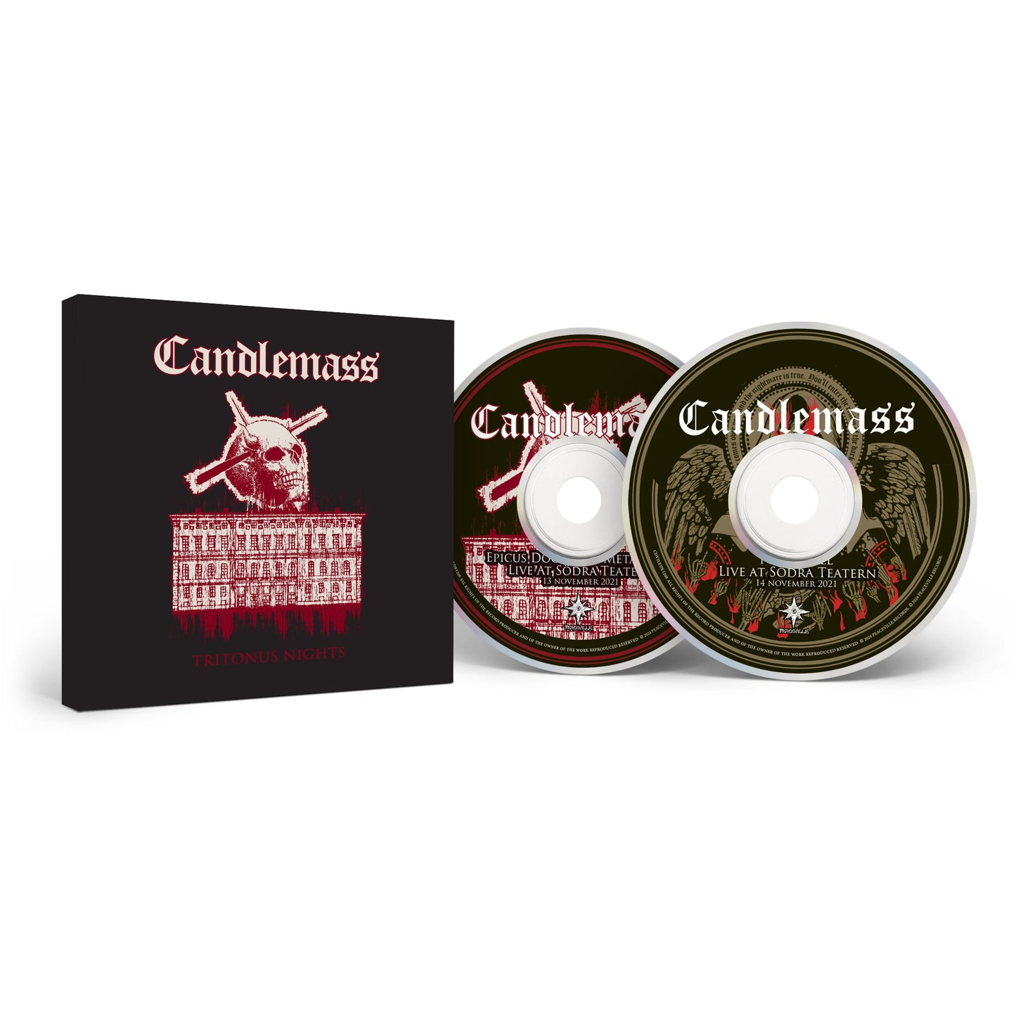 Candlemass Tritonus Nights box set with 2 CDs, gothic skull and cross artwork, plus album title and band name. Includes tributes to Nightfall and Epicus Doomicus Metallicus classics.