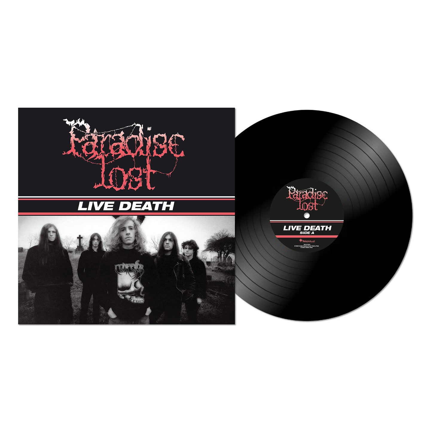 A vinyl record beside its cover, featuring Gothic Doom Metal band Paradise Lost in black outfits outdoors. The album title LIVE DEATH is displayed in bold white with a red line above, showcasing their iconic Live in Bradford performance. Brand: Paradise Lost.