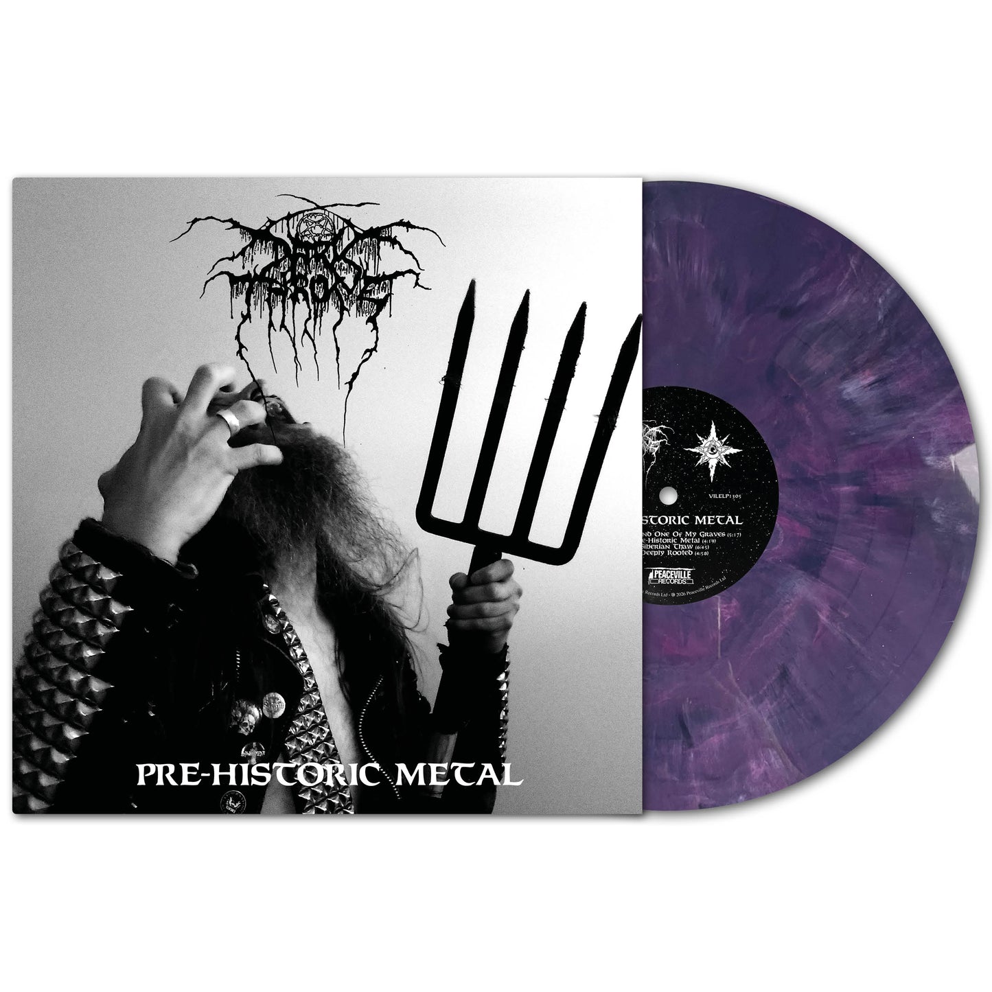 Darkthrone’s limited purple marble vinyl features a bearded figure with a pitchfork and studded jacket on the cover. The text “PRE-HISTORIC METAL” captures the raw, primitive energy of this Norwegian duo’s metal sound.