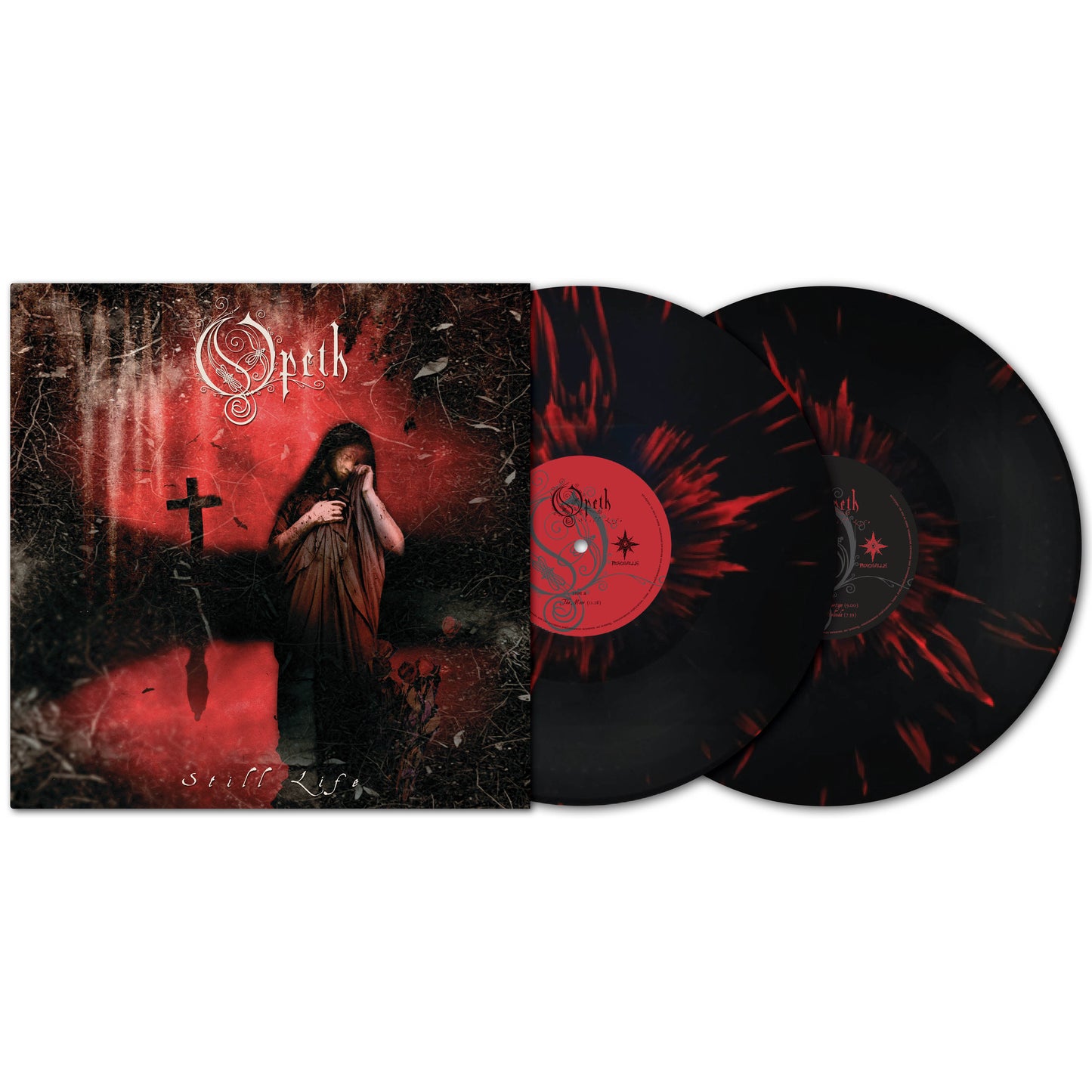 Opeth’s “Still Life” album cover shows a grieving figure by a cross on a red and black background. Two black vinyl records with red streaks are displayed next to the moody, progressive metal classic from Opeth.