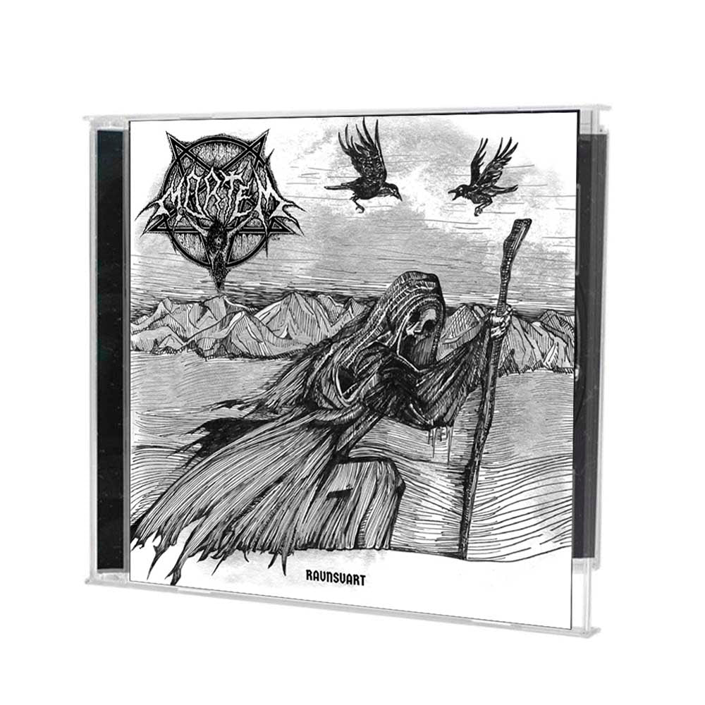 The Mortem CD case features a black and white hooded skeleton with a staff by water, mountains, and ravens. The Norwegian Black Metal bands logo and the album title Ravnsvart are displayed on the cover.