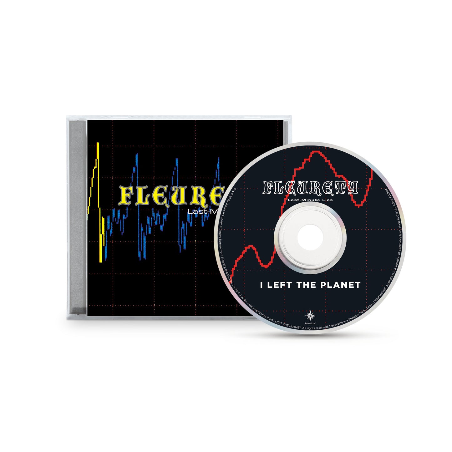 A CD case and disc for FLEURETY’s "I Left the Planet"—Norwegian black metal pioneers. The cover displays their name on a blue waveform; the disc shows the album title with a red waveform and features remastered audio.
