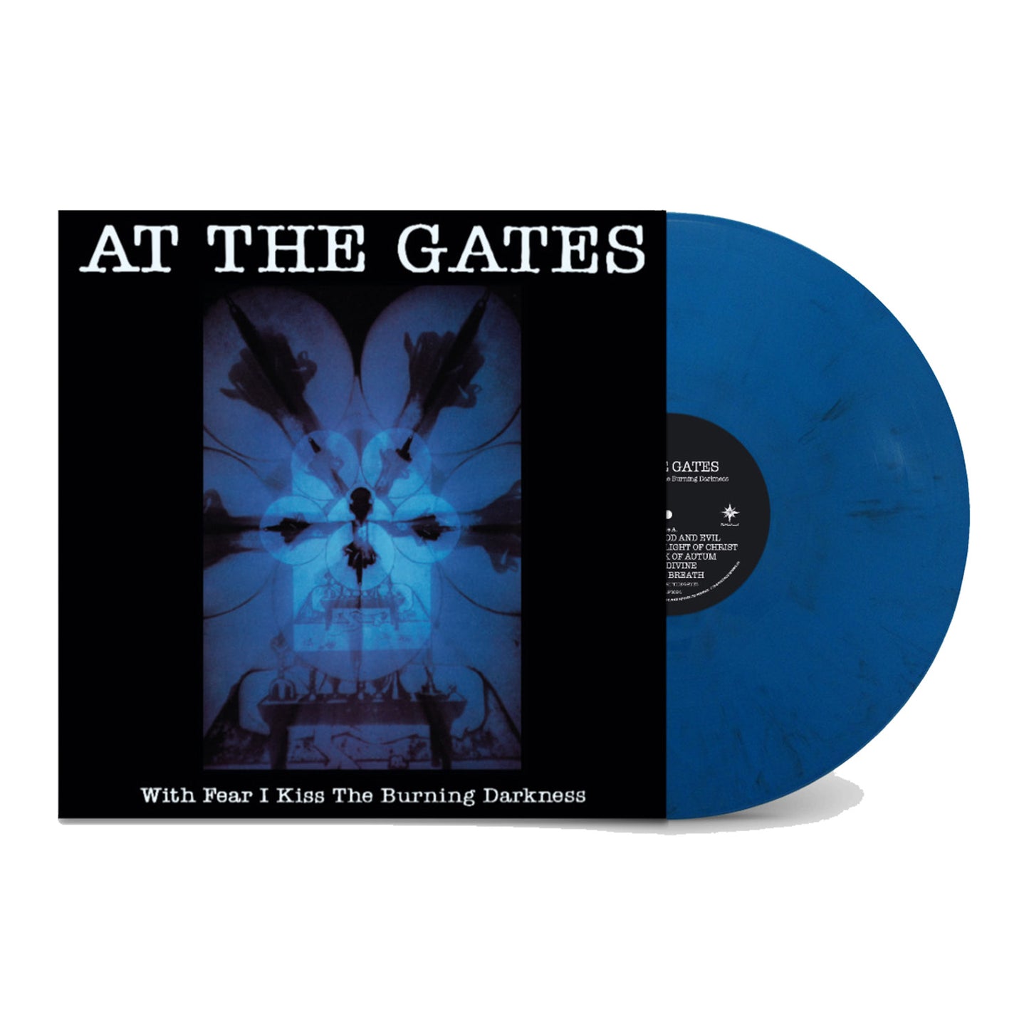 A blue marble vinyl record by At The Gates, partially pulled from its sleeve, shows the album cover for With Fear I Kiss the Burning Darkness—a surreal, dark, symmetrical image with white text above and below.