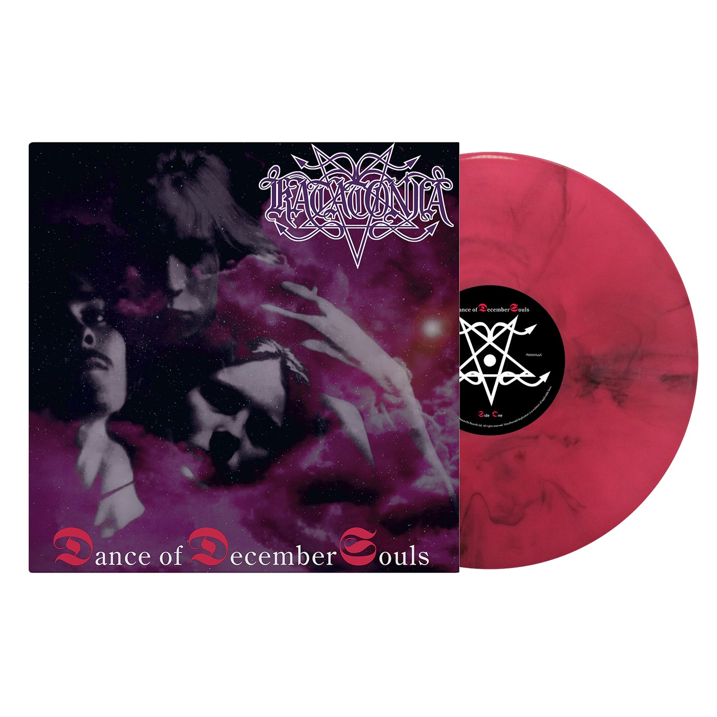 The image features Katatonia’s album Dance of December Souls with its limited edition pink marbled vinyl and a cover depicting ethereal faces in dark purple hues, along with the band’s ornate logo.