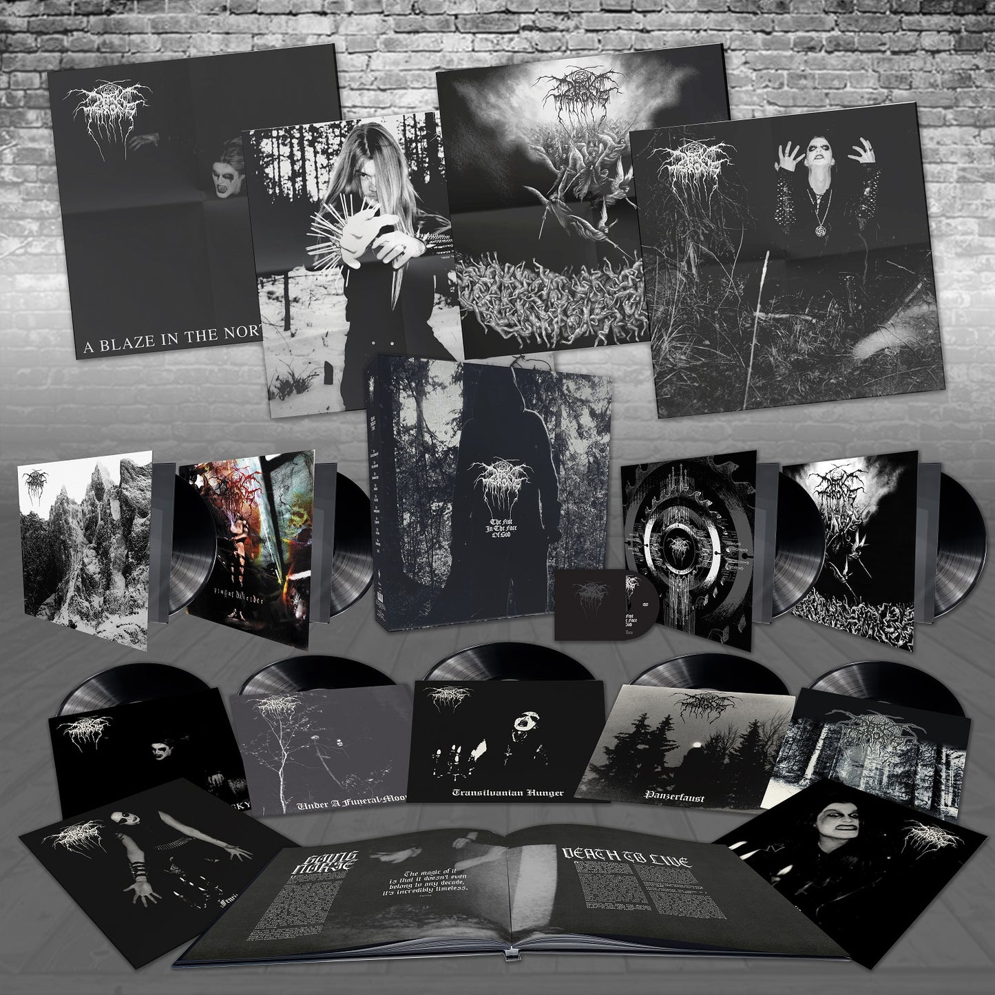 A collection of Darkthrone black metal vinyl records, CDs, and deluxe boxsets featuring dark, monochromatic artwork with band members, forests, and abstract designs, all arranged against a brick wall background.