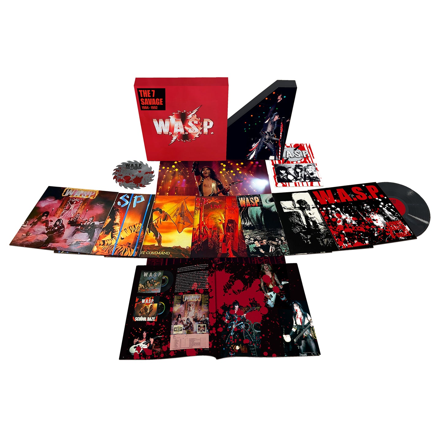 W.A.S.Ps Deluxe 8LP box set, The 7 Savage Collection, features half-speed mastered vinyl, vivid album covers, booklets, setlist, patch, and comes in a striking red box with the classic W.A.S.P. logo and band name.