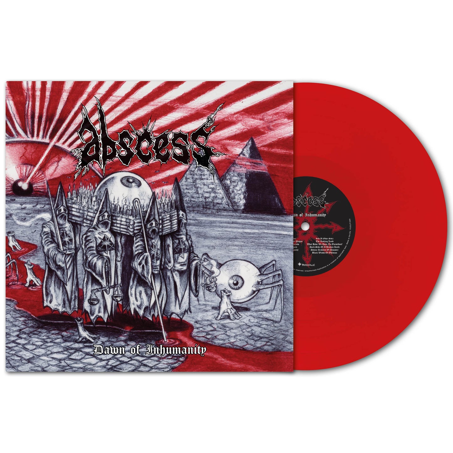 A red vinyl edition of ABSCESS’s final album, Dawn of Inhumanity, rests by its cover—depicting dark-robed figures, pyramids, and red rays for a surreal and ominous death metal vibe from the legendary band.
