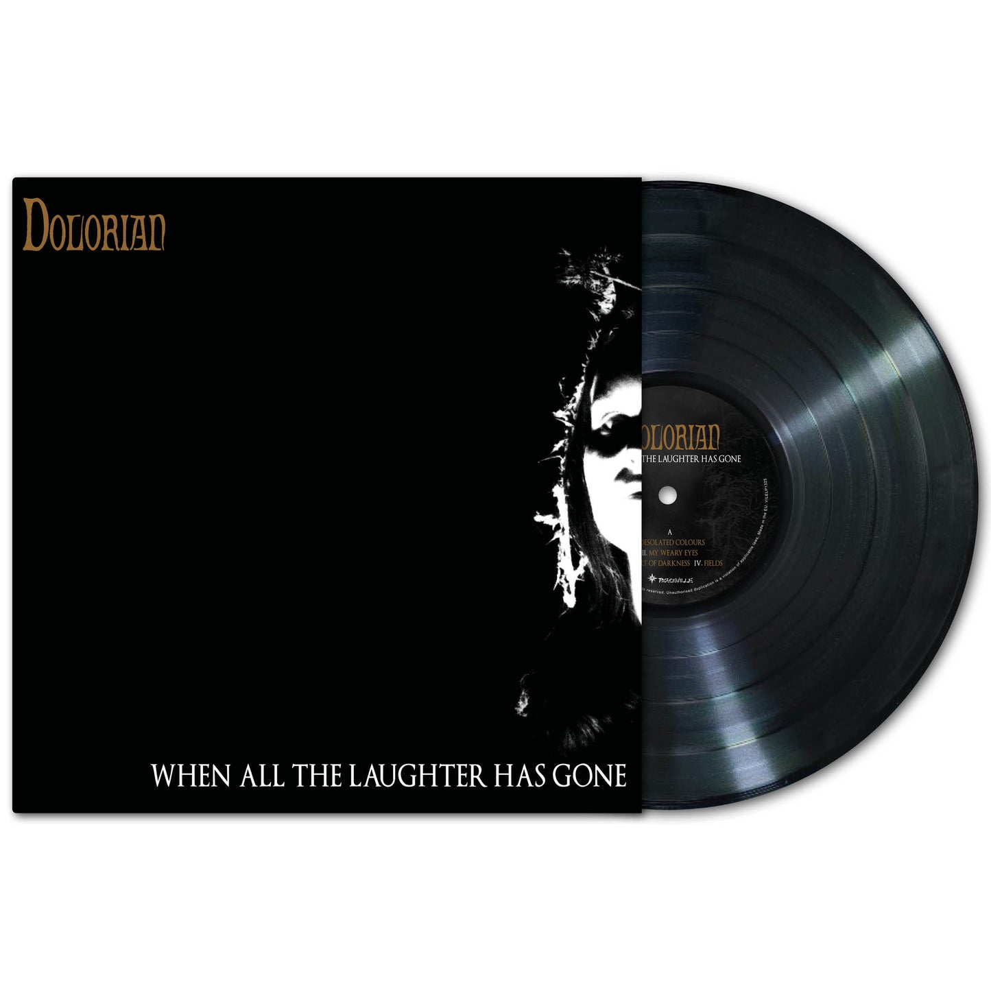 A vinyl record partially slides from its sleeve. The mostly black cover displays Dolorian, the Finnish dark metal band, and their album "When All the Laughter Has Gone," with a shadowy face on the right—an icon of blackened doom. Brand: Dolorian.