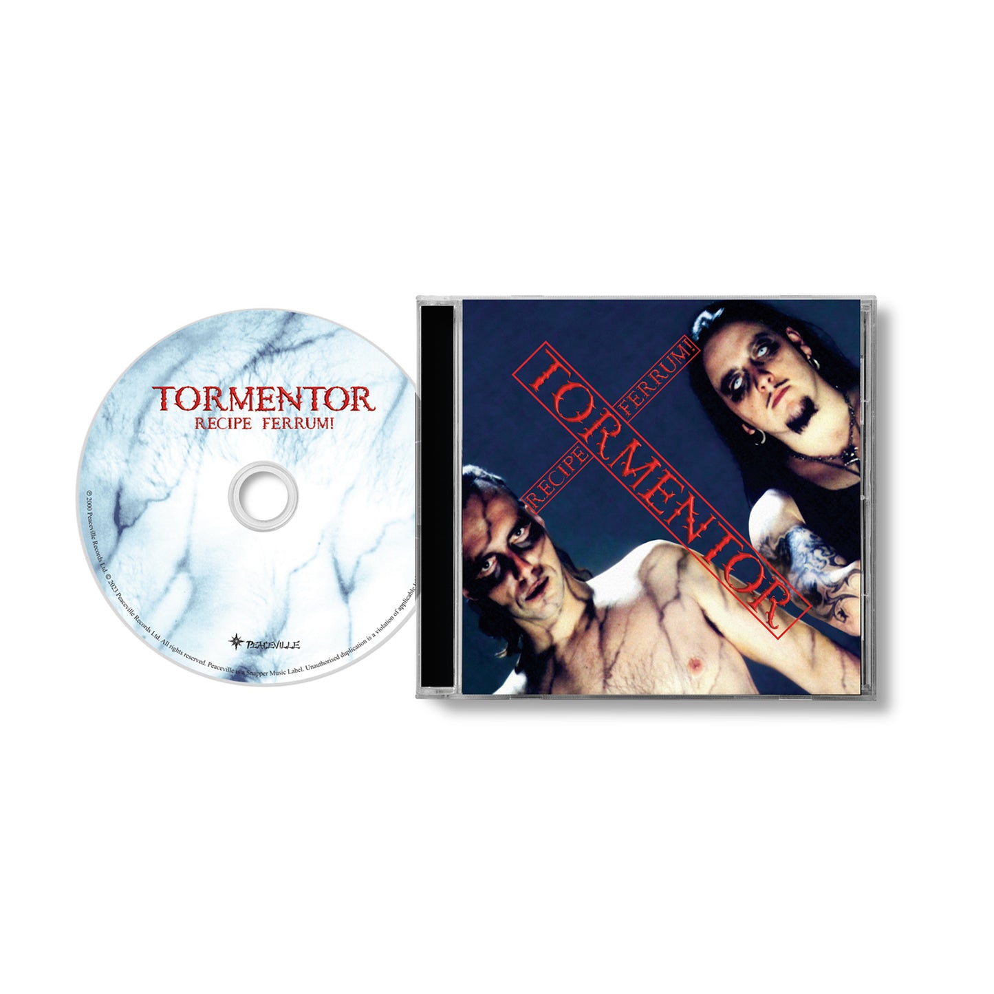A CD and case for Tormentors album Recipe Ferrum! The disc features a marble design with red text. The cover displays two men, including Attila Csihar, with intense expressions set against a dark background. Brand: Tormentor.